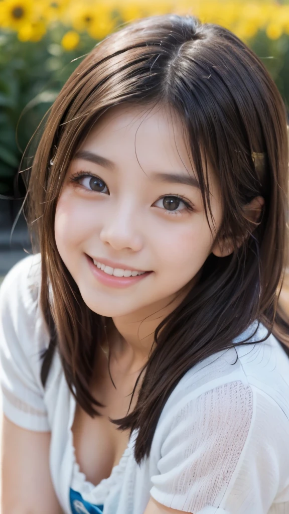1 girl, masterpiece, highest quality, High resolution, beautiful lighting, highly detailed face,Well-designed legs, well designed hands, well drawn eyes, light in the eyes,black hair, 8k,highest quality、(realistic:1.5)、(live-action)、RAW photo、photorealism、very delicate and beautiful、20-year-old、japanese woman、Super detailed、perfect anatomy、look at the audience、sharp focus:1.2、super detail、((plain clothes:1.5)、smile:1.3、stand in a flower field:1.3、high angle shot)