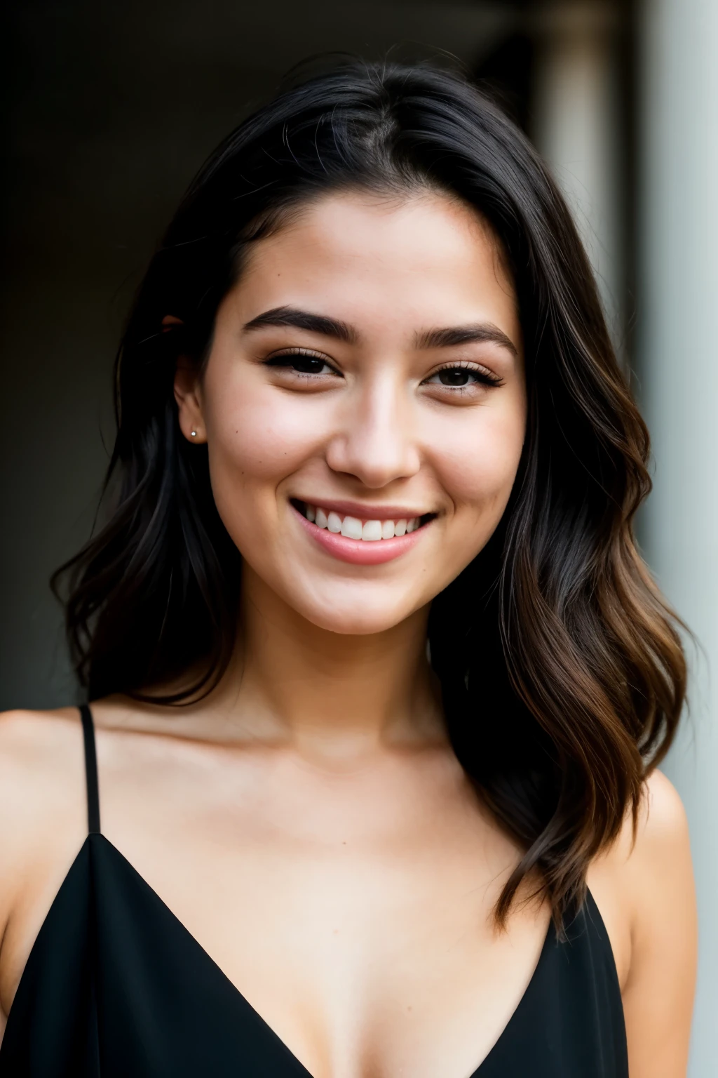 Raw-Photo, face portrait photo of a beautiful 26-year-old. Woman, Cute face, in a black dress, happy face, hard shadows, cinematic frame, spectacular lighting