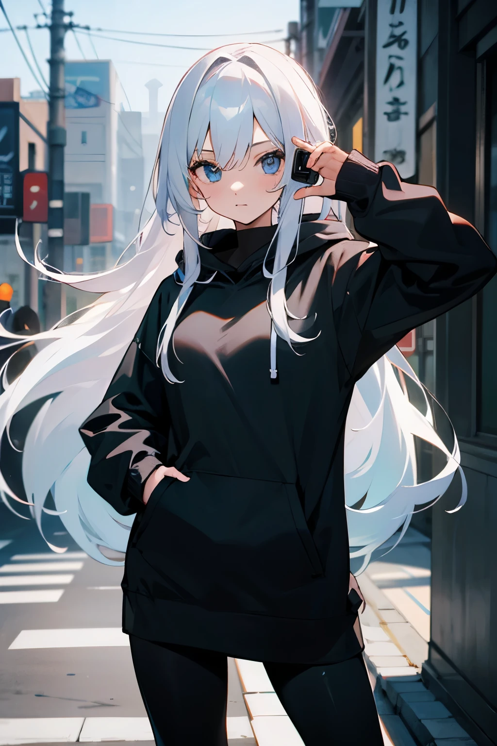 girl with long white hair, Wearing a black hoodie and black leggings, Taking pictures while holding a cell phone and posing in a V pose on the streets of Tokyo, japan