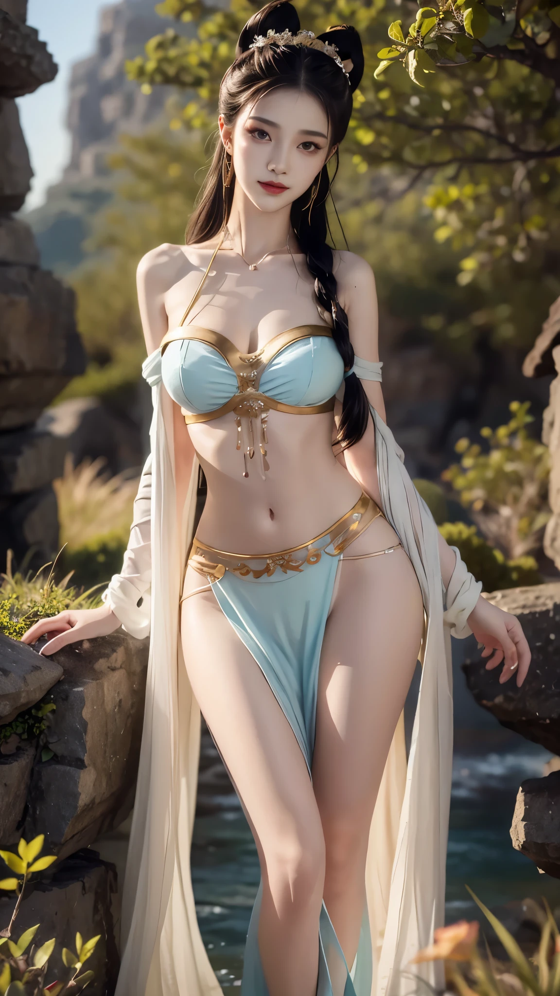 dunhuang_cloths,dunhuang_dress, ((gufeng,bare shoulders)), ((full body)), realistic, fashi-girl, red lips, mature female, makeup, Big eyes, Pretty eyes, ((full body)), ((from below)), (best quality, masterpiece:1.2), ultra-detailed, (realistic:1.37), ((Sexy long legs)), beautiful, youthful, glamorous model with (detailed eyes, detailed lips, extremely detailed eyes), showcasing a radiant smile, creating a breathtaking depiction of a girl, Warm tones, extremely high color saturation, official art, extremely detailed CG unified 8k wallpaper,(High dynamic range :1.4), (cinematic),(soft colors, dull colors, soothing tones :1.3), (natural skin texture, ultra-realistic, soft light, sharp),(very detailed), Night, moonlight, ((In the mountains, plants, leaning against the rocks))