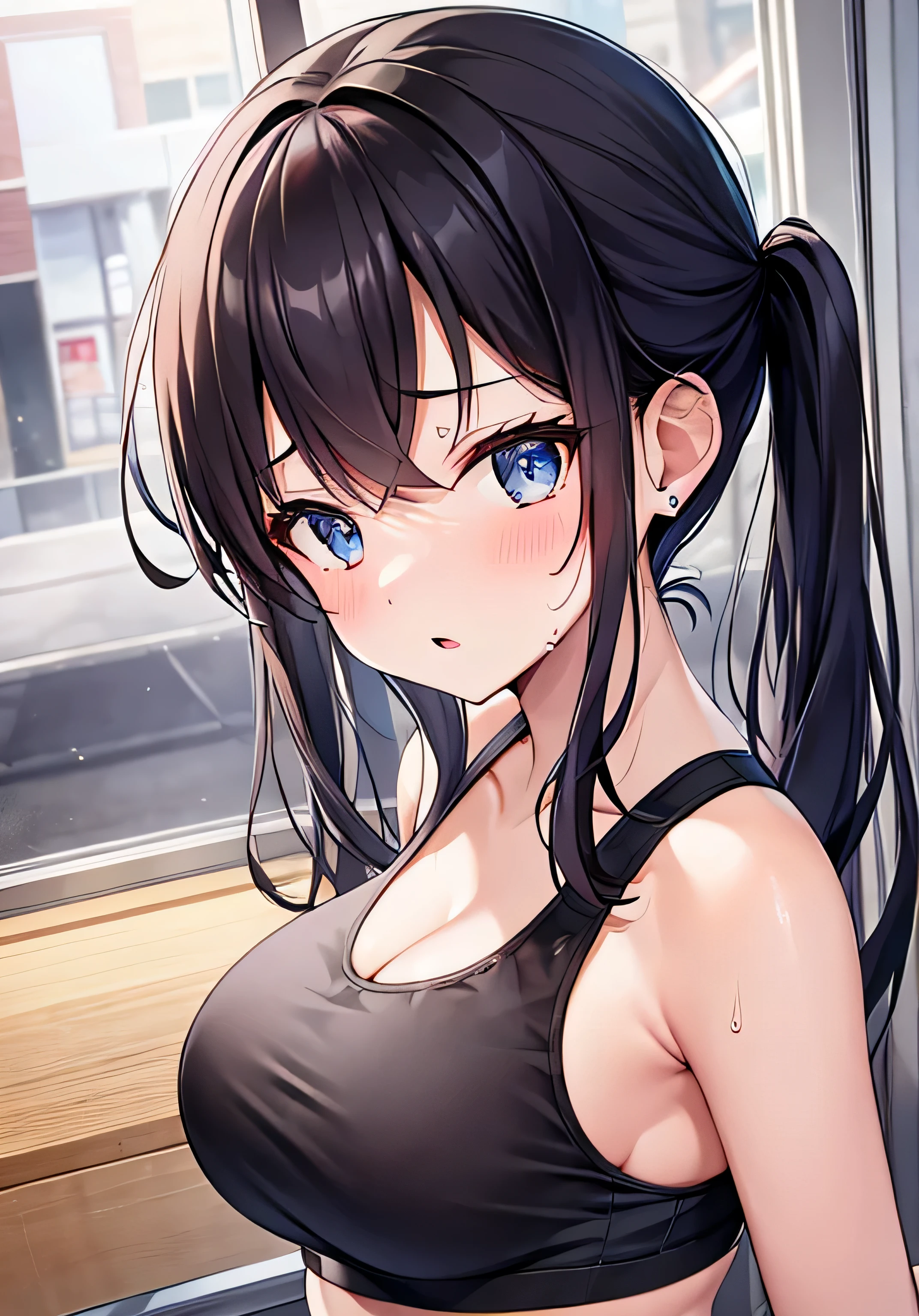 masterpiece、best image quality、ultra high resolution、 girl with big breasts、twin tail hairstyle、black hair、sweating、red face、shyly、mock、Open your mouth just a little、Sports bra for teenage girls showing cleavage、teenage girls sports briefs、shapely sweaty legs、Indoor gymnasium