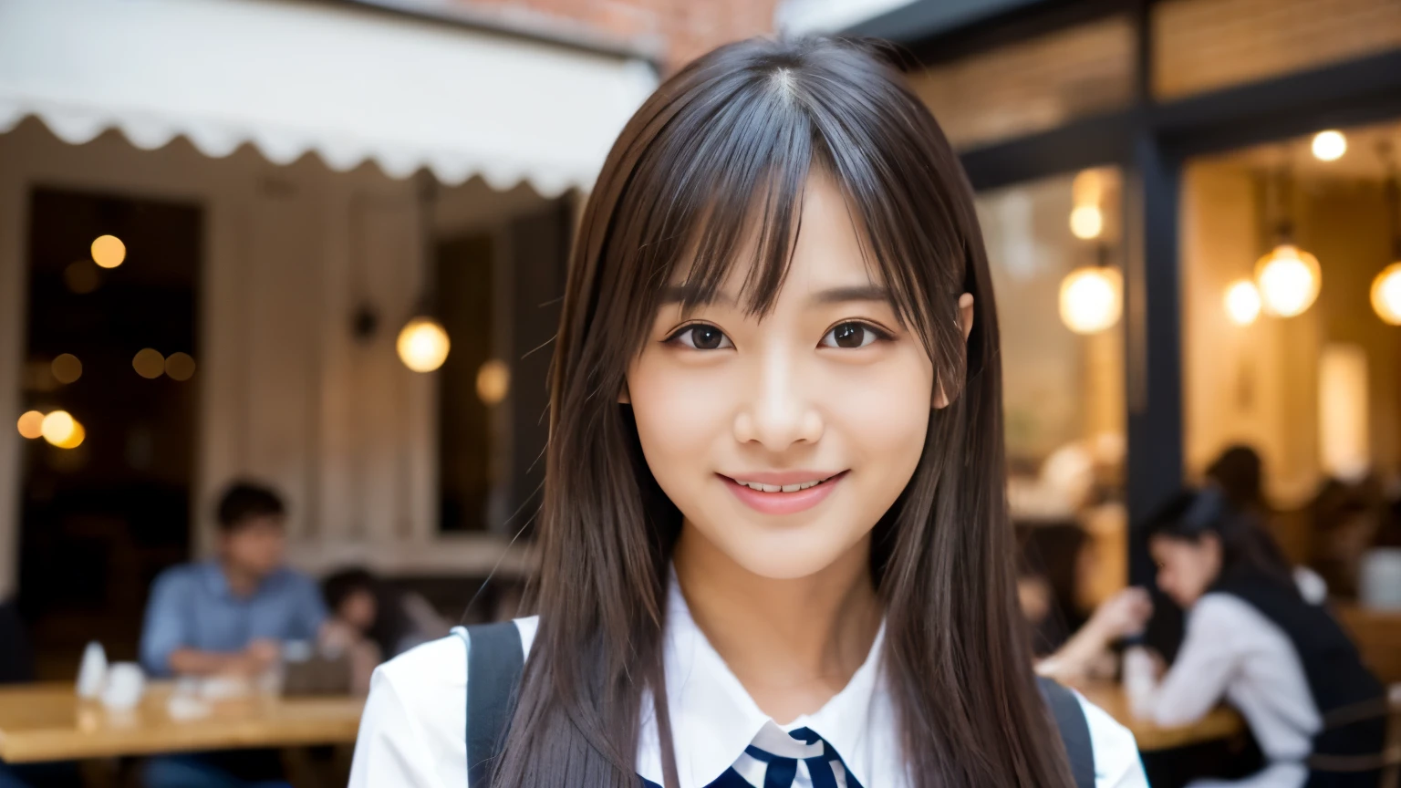 ((最high quality, 8k, masterpiece: 1.3)), perfect face,A beautiful model-like woman works at a stylish cafe in New York.,All around you, you can see other customers enjoying their time.。At the back of the cafe、The staff are busy working at the counter.、You can feel the liveliness and stylish luxury that is typical of a city cafe., sharp focus, 1 girl, Sexy 1.2, , (big: 1.5), fine eyes, Beautiful eyes with long slits, double eyelid, (cat face), (cute Face), cute Smile, (close your mouth), (cute), soft skin, Show the whole body, surreal, super detailed, high quality, (Beautiful college girl working in a cafe), ((詳細な非常にcute女子大生)), ((胸は隠れているけど服の上から解るぐらいbig胸)),A look and a smile as if staring at her boyfriend