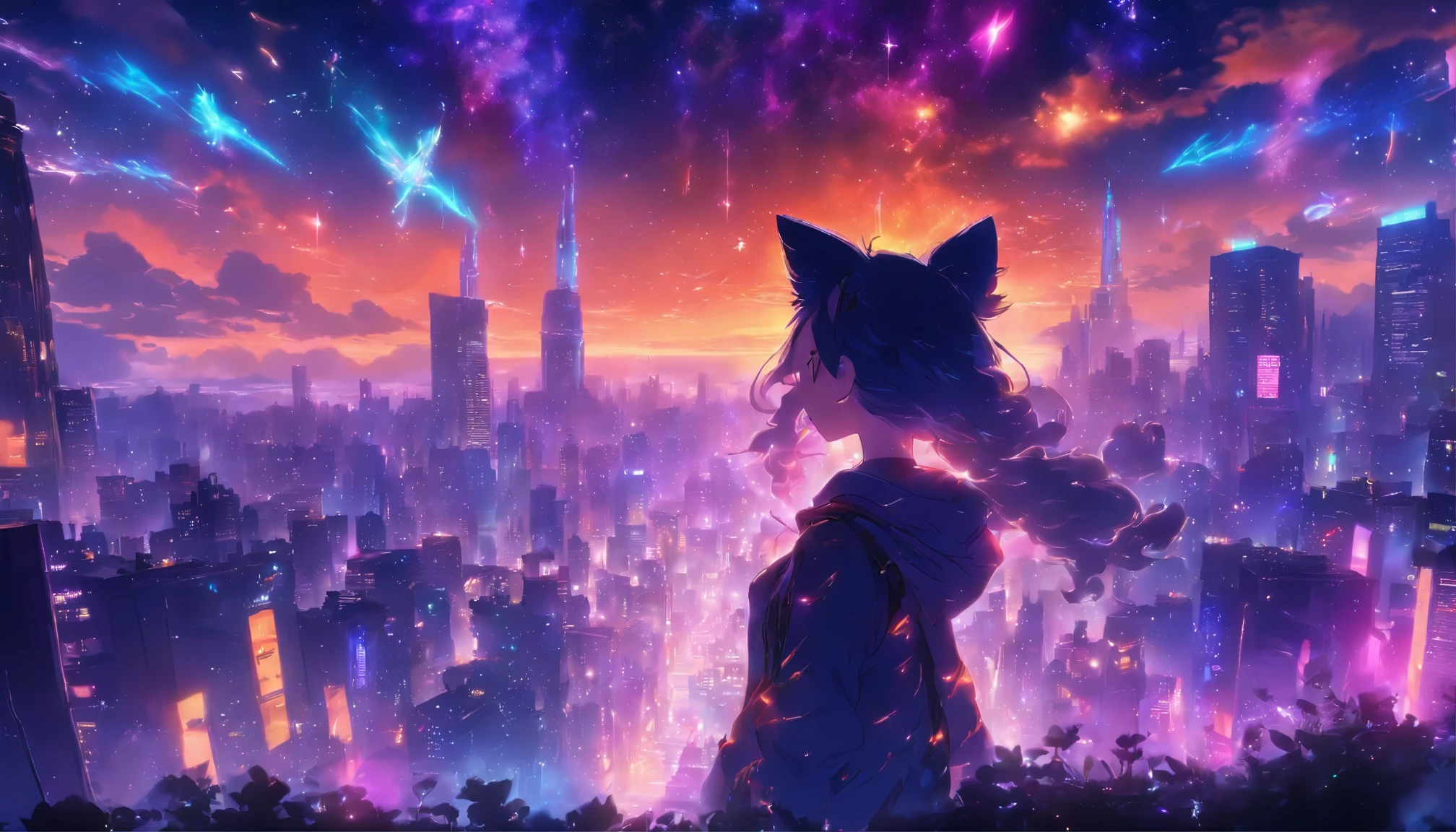Vast landscape photos、(View from below with a view of the sky above and the metropolis below)、Girl standing in a back alley and looking up、cat ears、(fullmoon:1.2)、(shooting stars:0.9)、(nebulas:1.3)、Distant Buildings、Distant Lighting BREAK Production Art、(Warm color Light Source:1.2)、(fireflys:1.2)、abajour、Purple and orange、intricate detailes、Volume Lighting BREAK (masterpiece:1.2)、(top-quality)、4k、ultra-detailliert、(The composition of the movement:1.4)、Highly detailed and colorful details(Irridescent color:1.2)、(glowing lighting、Atmospheric illumination)、dream-like、Magical、(solo:1.2)