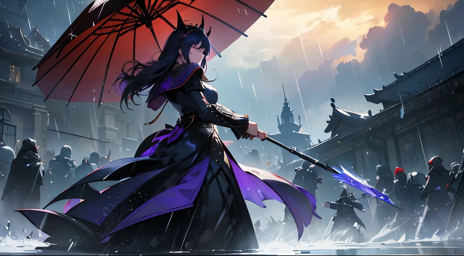 (Close up a warrior, dynamic angles) Fantastic and dramatic scene, realistic light rendering, raining, umbrella, flower shattering, punishing raven, arknights, shadowverse, fate grand order, genshin, ( ( god king of ai art ) ), best quality, 4K, detailed ornaments