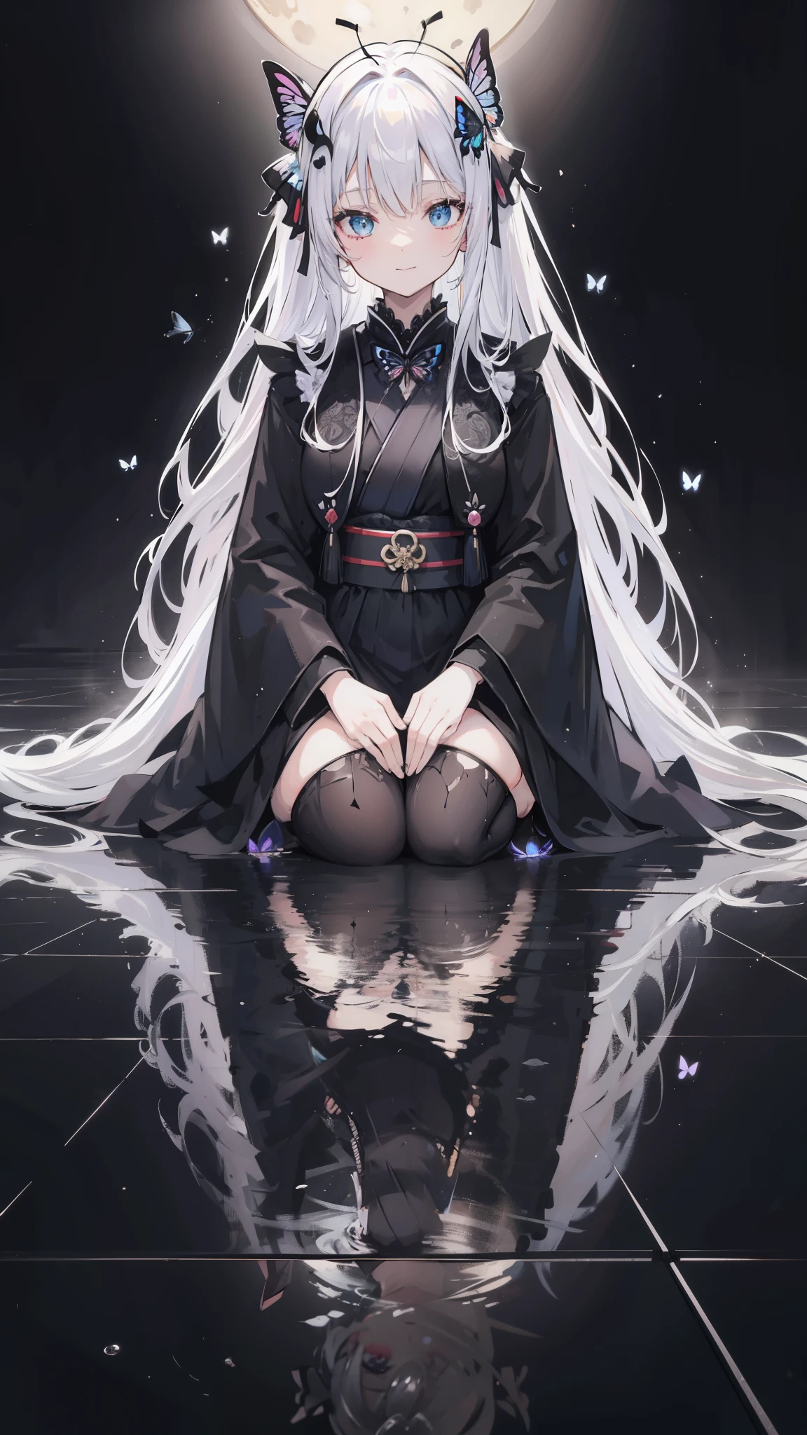 32k, perfect body, cute , cute smile, cute dress, long hair, white hair, black dress, ((black butterfly)), ((black butterfly hair ornament)), ((black butterfly shaped brooch)), ((black butterfly dress)), ((black ligth particle)), (((beautiful quality))), ((black kimono)), ((black Japanese clothing)), (((the floor is on the water))), ((full moon)), 