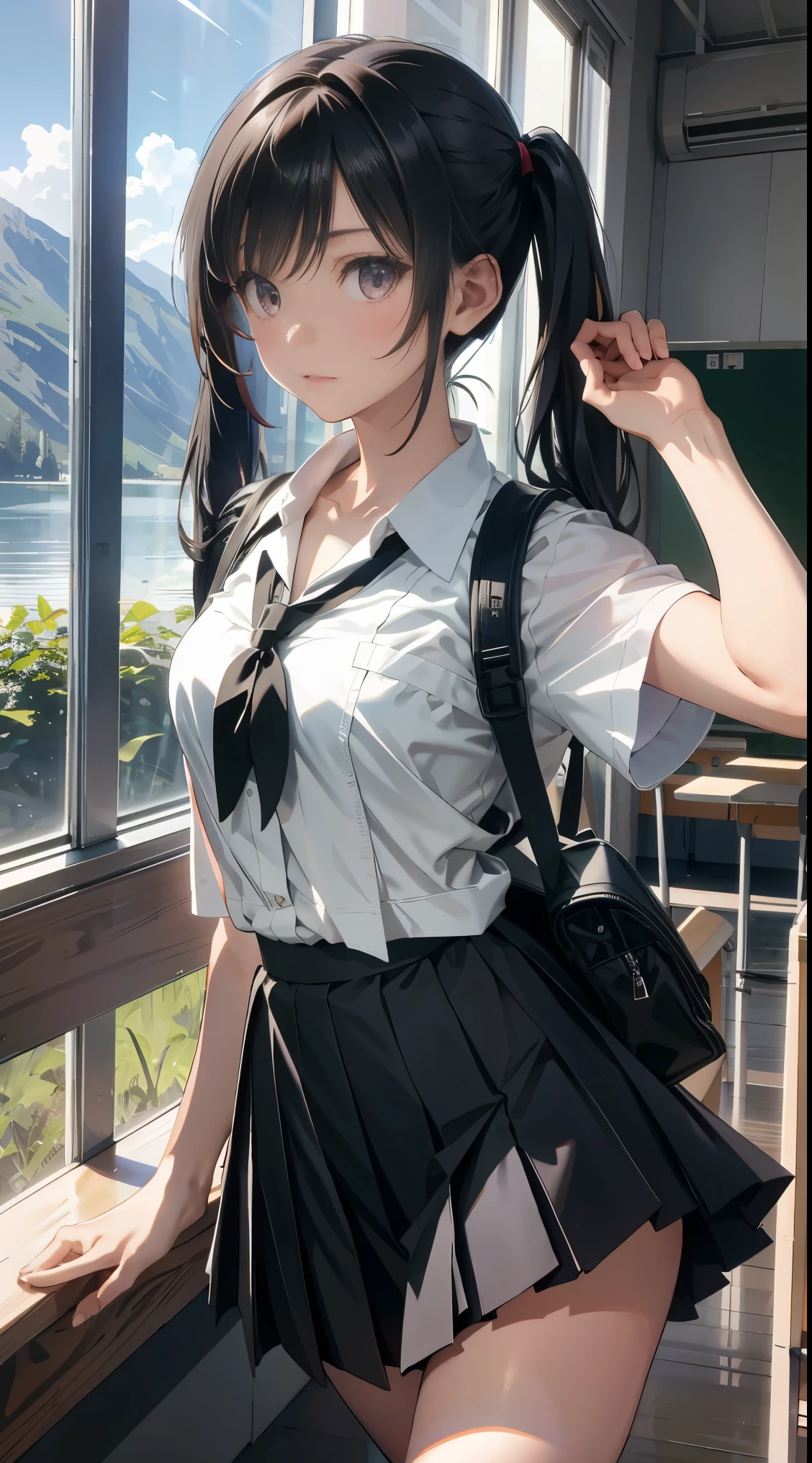 dance,(),(masterpiece,Top quality),Light Grape Pleated Mini Skirt,White rucksack,short sleeve,black hair,long twin tails,Summer Classroom,Lakeside