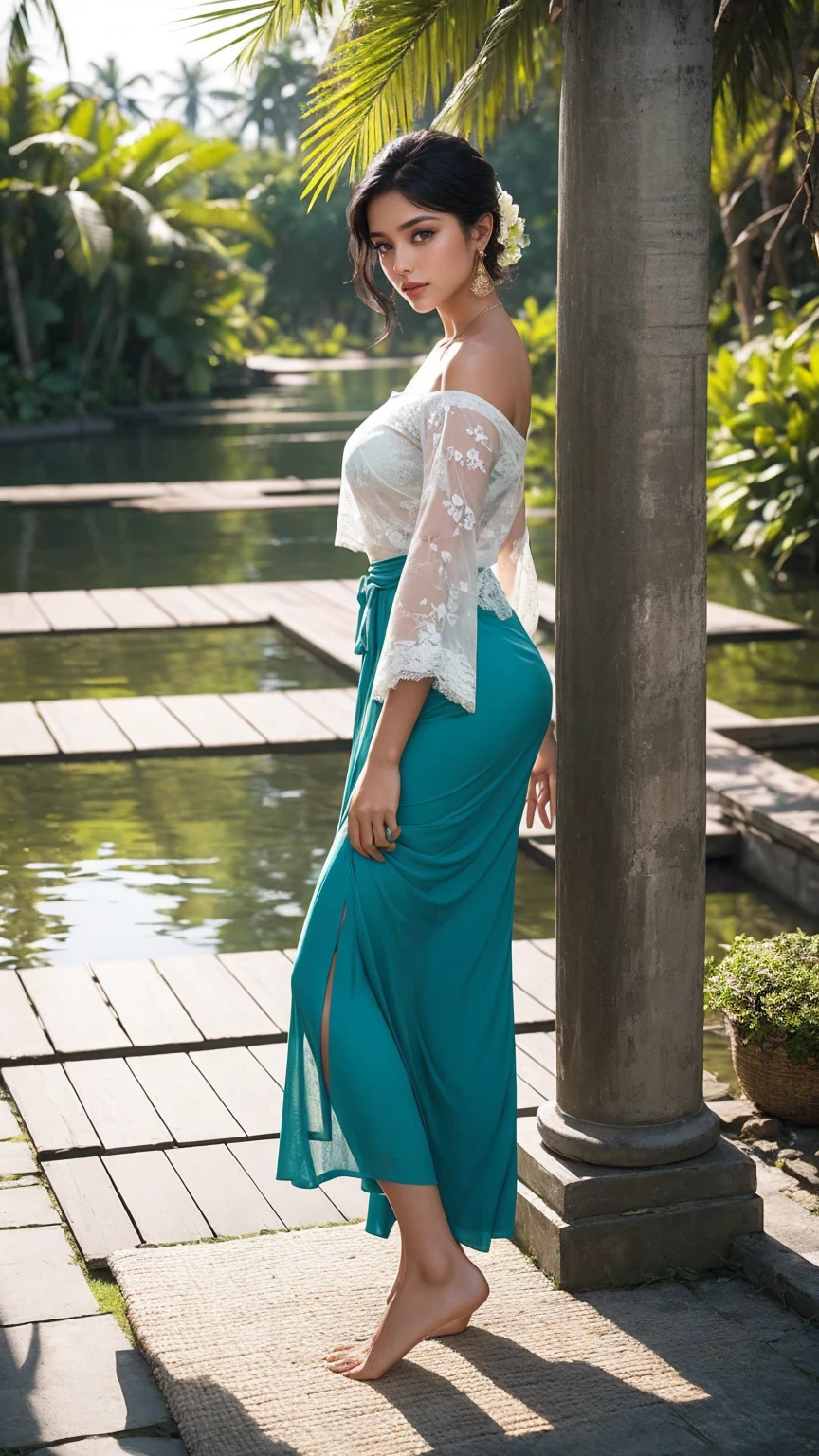 Step into the mesmerizing ambiance of Kerala's tranquil backwaters, where fashion meets serenity in a picturesque setting. Imagine a professional photographer capturing a model in a pose that effortlessly blends modern allure with the region's natural beauty.

The upper dress is a contemporary masterpiece - a vibrant, off-shoulder blouse in an unexpected color, paired with a mini-jacket that hints at casual sophistication. The lower dress introduces a playful twist with a folded skirt that gracefully dances with the gentle breeze, revealing glimpses of a delicate lace panty.

Under the cinematic light of the setting sun, the model strikes a pose that mirrors the surrounding tranquility, creating a visual symphony of style against the lush green backdrop of Kerala's backwaters.

Shot in perfect 8K resolution, the super-realistic images capture every detail of the ensemble, showcasing the fusion of modern fashion and natural elegance. This fashion narrative unfolds, creating an enchanting story where the model becomes one with the scenic beauty of the backwaters, a perfect blend of contemporary chic and serene landscapes