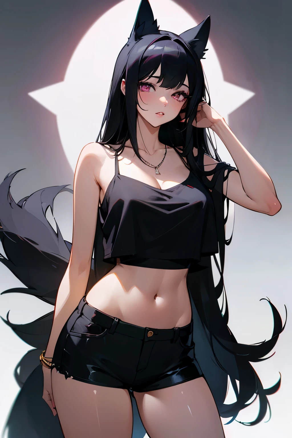 1 girl，long black hair，Qi bangs，light pink eyes，Perfect body slim curves，big lips，Parted lips，Soft beauty，shy，sexy，Wearing a pure black camisole，Wearing black shorts，Black dog ears，Black dog tail，black necklace，Outer city background，absurd，high resolution，Super sharp，8K，masterpiece