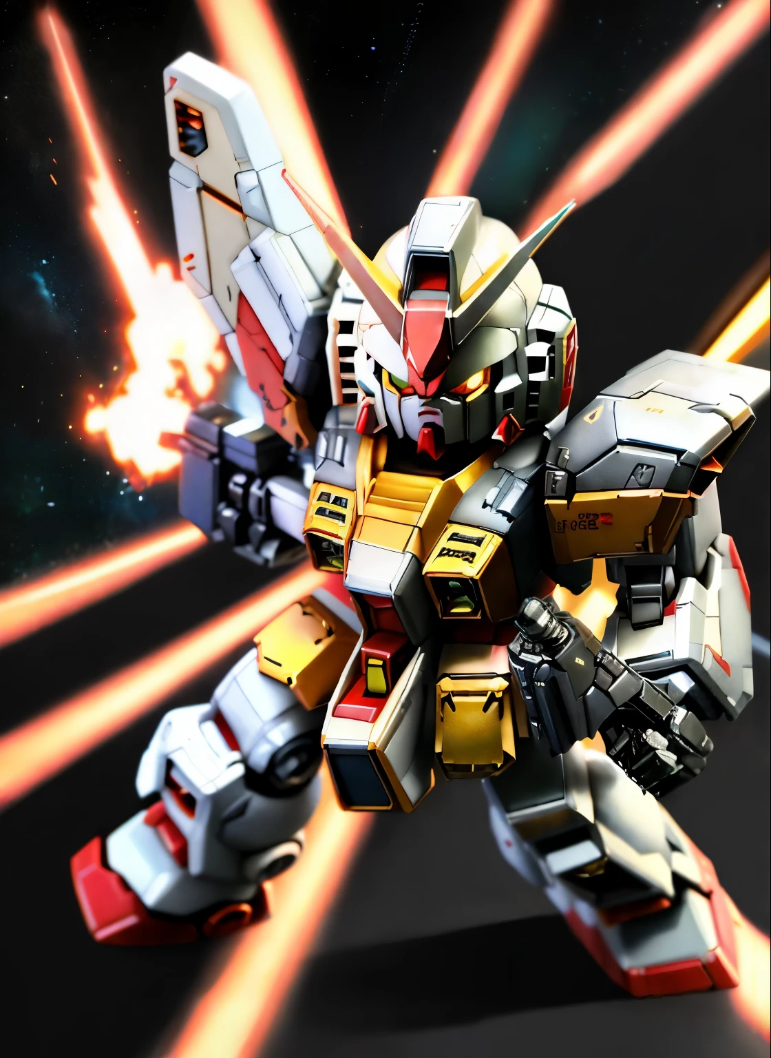((SF))、(masterpiece)、highest quality、Highly detailed CG Unity 8k wallpaper、((SD Gundam 1.4))、(F91 キー)、sharp gaze、Fight against enemies with a beam rifle、dance in the air、Flying through the sky like a comet、surrounded by fin funnels、chibi character、background earth、realistic outer space、robot、mechanic、docking core、Maximum output、continuous attack、beam radiation、Vesbar、fully armed、rusty edge、shine of light、Lens flare、unreal engine、