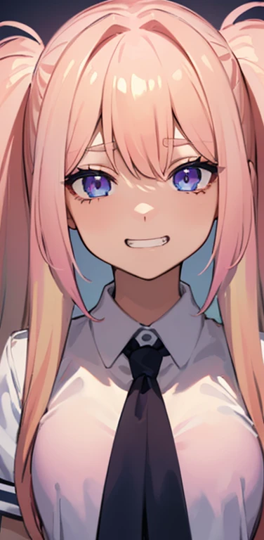 (8K、highest quality、masterpiece:1.2)、Super detailed、super resolution、Realistic、1girl、(pink blonde hair)、twintails,blue eyes、(eye focus:1.3,face focus:1.3,upper body:1.5),(gradient hair:1.5),(school uniform:1.3)、(evil grin:1.3),cute face,small breasts,portrait,school girl,
