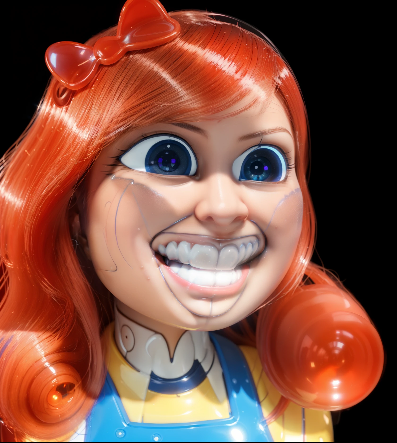 cartoon doll girl , doll, game character, videogame character, creepy doll, large creepy smile, doll with creepy smile and red eyes, insane,  doll toy,  glossy texture, smooth 3d model, multiple light sources, rim light, sharp post effects render, (glossy plastic texture with multiple big light probe refractions), perfect cgi,  smooth silhouette, high intensity refraction, (super glossy material), most beautiful vfx, blue background, plastic refractions, realistic, 4k, high resolution, rim light
