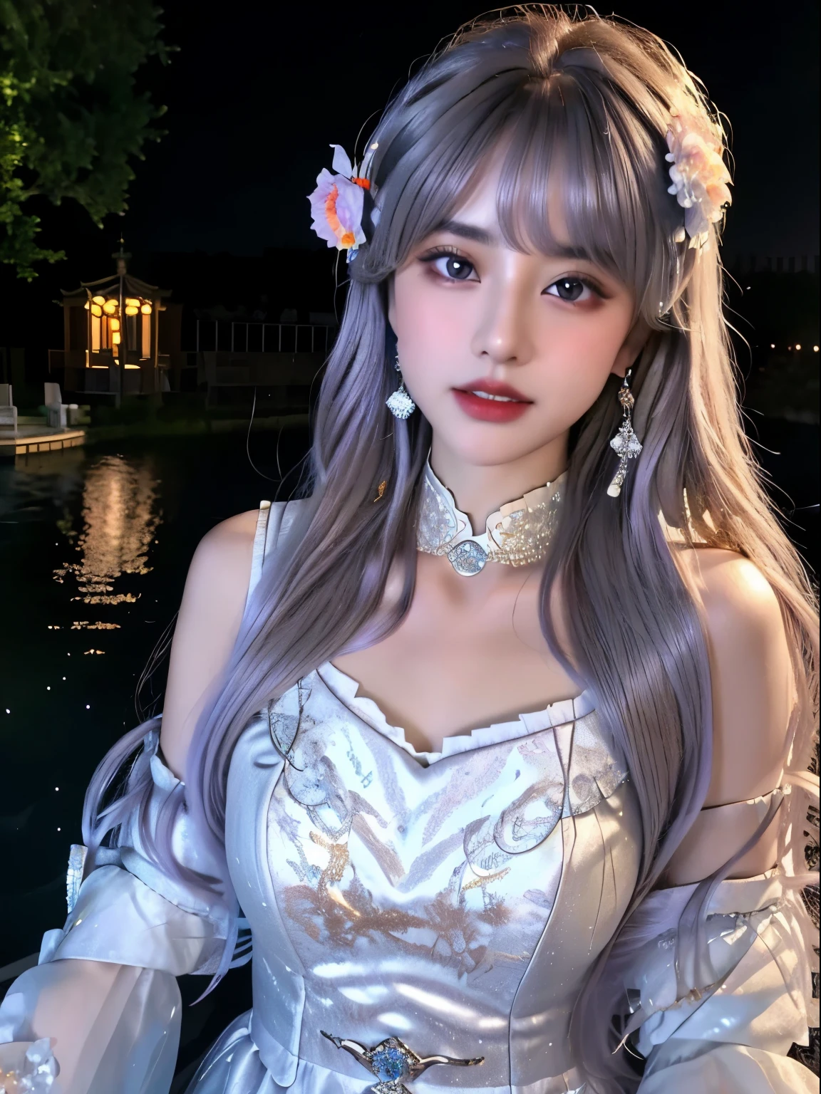 masterpiece, best quality, Extremely detailed CG unified 8k wallpaper, 1 girl, beautiful purple eyes, silver wavy hair, cry, water eyes, looking at the audience, delicate Gothic evening gown, Detailed lace and decorative borders, Detailed lace gloves, detailed jewelry necklace, jewelry earrings, hair flower, snow, FOG, violet garden, Magnificent palace, mountains, forest, night, Detailed colorful starry sky, light, Super wide angle and large depth of field, Oil,bare chest,Life Diary