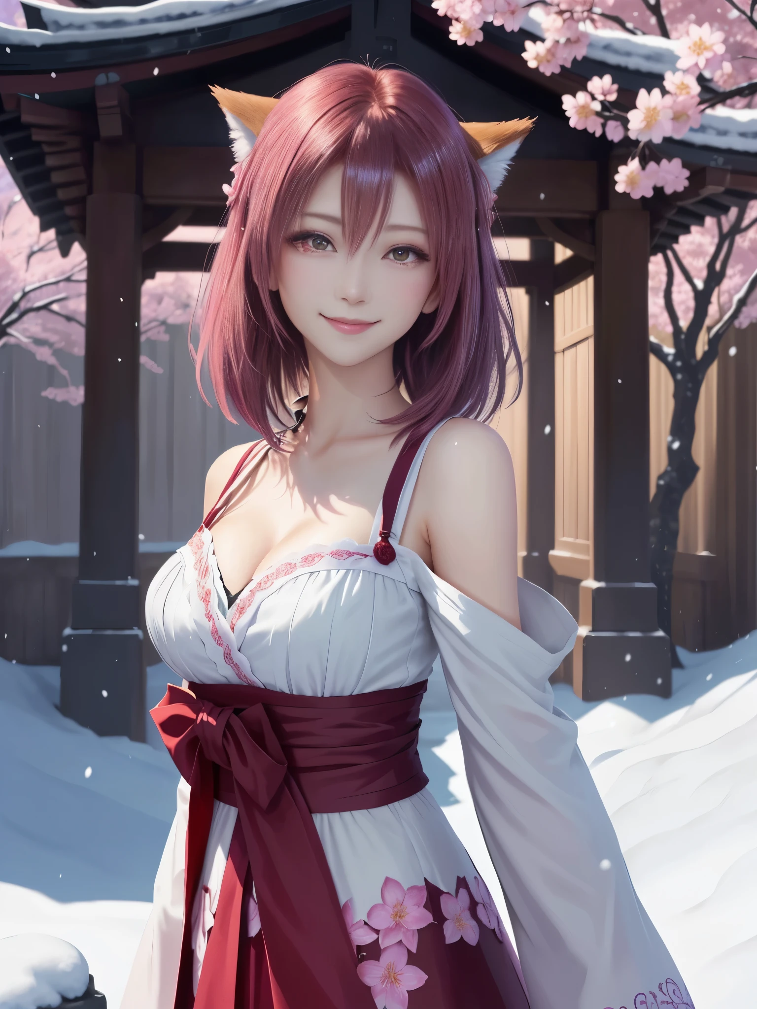 masterpiece , best quality,smile,smile,small face,shoulder exposure,some cleavage exposure,bright pink hair,slender body shape,brown eyes,sharp contrast,short hair,Beautiful short hair,short cut hair,just one person,precision quality,Faithfully reproduced eyes, 一面に咲くcherry blossom background,snow scene,masterpiece, 幻想的なcherry blossom background,night,nightの背景,cherry blossom background,beautiful details, colorful, delicate details, delicate lips, intricate details, genuine, ultrargenuineista, 枝に座っている色とりどりの髪のFoxを持つ女の子:Mature, bright eyes, ,色とりどりのFox, raposa de nine tails, 三尾Fox, 三尾Fox, onmyoji detail art, beautiful fine art illustration, mythical creatures, Fox, beautiful digital art,shrine maiden,hold hands,exquisite digital illustration, mizutsune, Inspired by mythical wild web creatures, pixiv in digital art, shining light, high contrast, Mysterious,