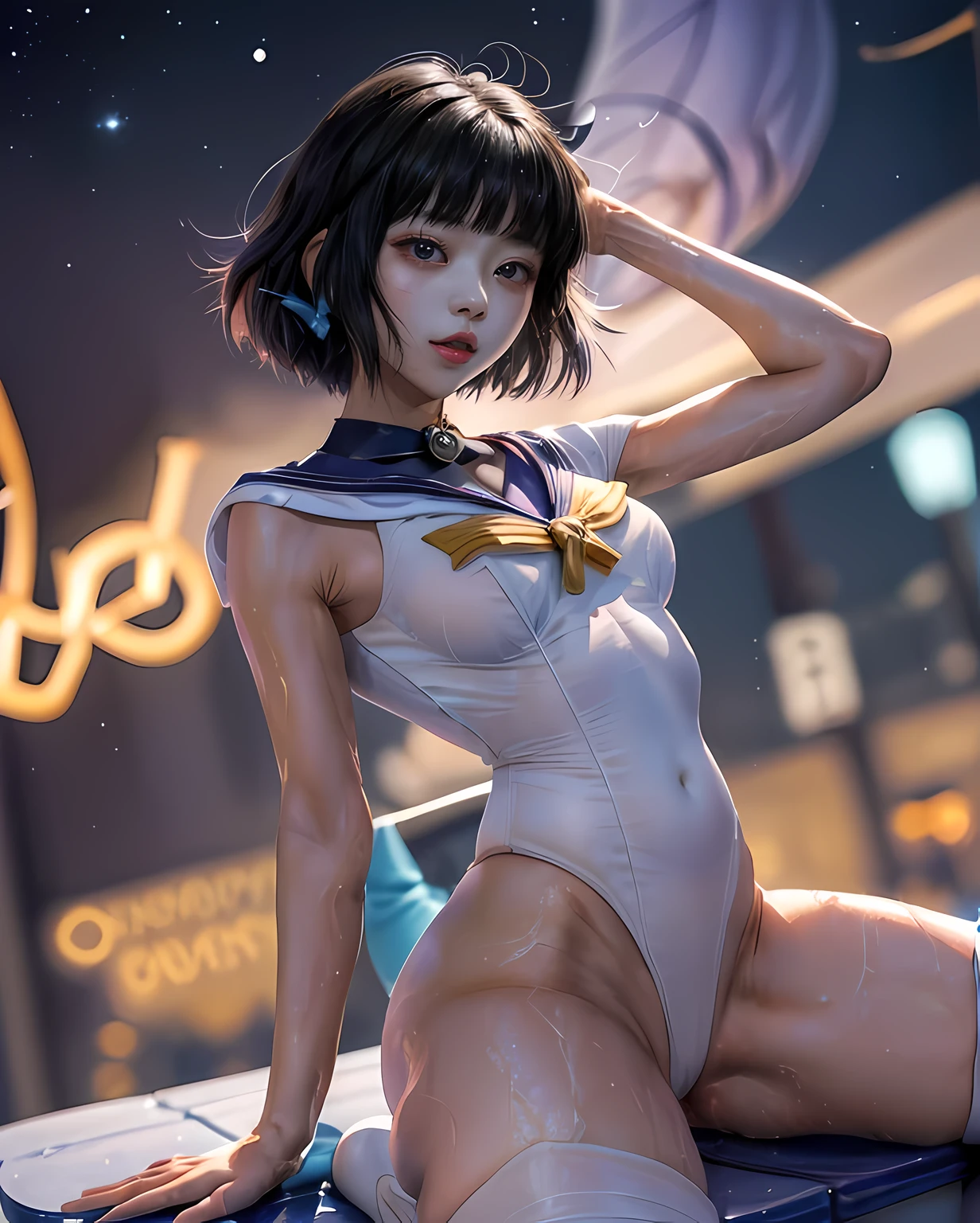 sailor saturnがCowgirlで性交する, (((realistic, highest quality, High resolution, real women pictures:1.2))), (((sailor saturnのレオタードを着ている16歳の女子高校生:1.4)), (sailor saturnのコスチューム), (slender body shape:1.9), Cowgirl性交する, ((anatomically correct:1.2)), (She is wearing a white Sailor Senshi leotard whose fabric is too thin..:1.2), vaginaに陰茎を挿入するCowgirlポーズ, curved body, 大きく股を開いてCowgirl, white leotard too close to the skin, vaginaの詳細な描写, beautiful thighs, Huge penis is pushed up by the girl&#39;vagina, nose too small, toned stomach,  beautiful girl has sex with her clothes on, saddle, Cowgirl, Tears spill out, Girl straddles guy, (normal limb), Too cute small face, the whole body is wet, put your hands behind your head, nostrils are not visible, realistic, vaginaが濡れている, lips slightly open, (anatomically correct:1.2), A guy inserts a penis into a girl, sailor saturn, (In the shopping district during the day), short hair with bangs, (少女が男とCowgirl性交する)