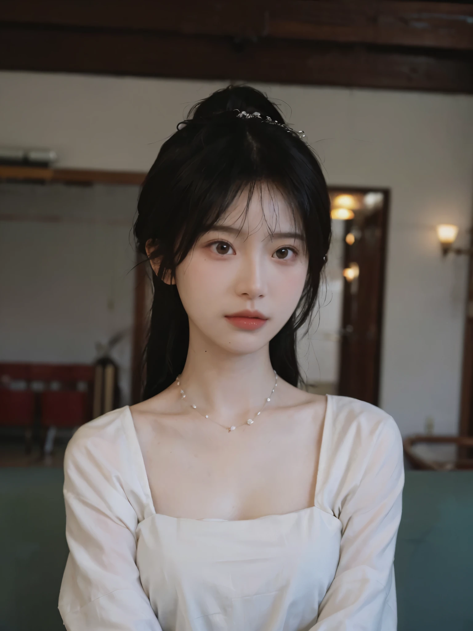best quality, ultra high resolution,Pathetic,weak, (realistically:1.4),cute hairpin,Baoyu Girl,Standing in the wedding hall,(flat chest:1.2) ,A pair of clear and charming peach blossom eyes,Royal sister,The sun shines on the face,Big wavy hairstyle,(necklace:1.2),(White skin:1.4),a sense of atmosphere,a beautiful girl,Looking directly at the viewer, Close-up cleavage ,(lifelike:1.4),1 girl,Sexy,(Upper body:1.4),(wet),(:1.2)