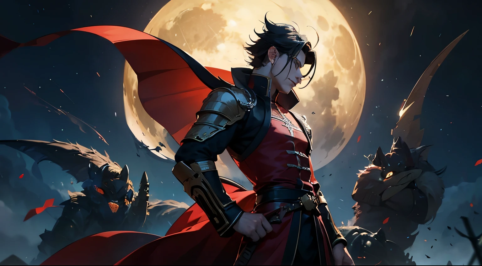 character with a full moon in the background, by Yang J, handsome guy in demon slayer art, 2. 5 d cgi anime fantasy artwork, badass anime 8 k, by Yang Jin, by Zhou Chen, shadowverse style, art wallpaper 8 k, 4k wallpaper, fantasy, detailed