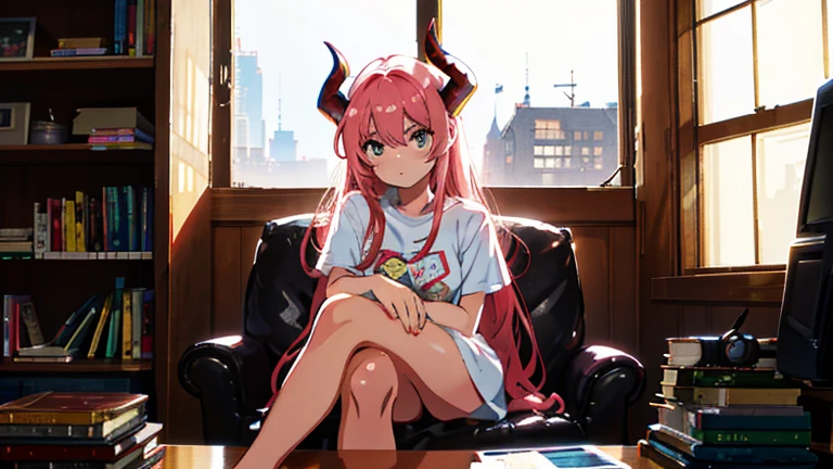 //Character setting・Anime drawing・Female・Early teens・Pink hair・Cosplayer・Demon cosplay with red horns・Esotropia

//Environment/Time: It was night. The house was very dark with only the light from the TV. There were a lot of books piled up inside the house.、Scattered, neon lights outside the window

//Situation - Wearing an oversized T-shirt - No pants - Crossed legs - Sitting in a chair by the window - Looking out the window、Your eyes are looking out the window instead of here. Your elbows are resting on the chair.