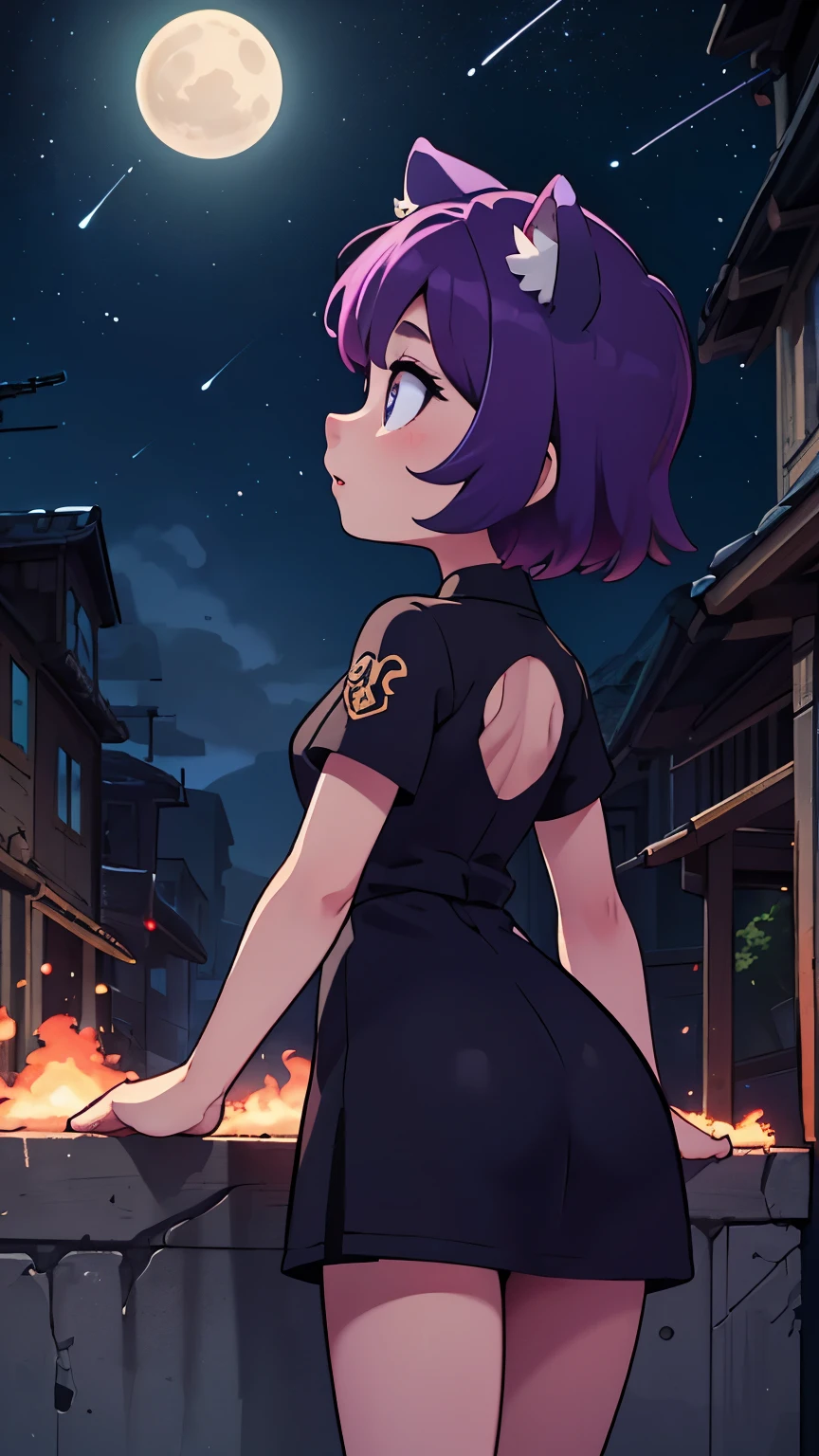 Vast landscape photos、(View from below with a view of the sky above and the metropolis below)、Girl standing in a back alley and looking up、cat ears、(fullmoon:1.2)、(shooting stars:0.9)、(nebulas:1.3)、Distant Buildings、Distant Lighting BREAK Production Art、(Warm color Light Source:1.2)、(fireflys:1.2)、abajour、Purple and orange、intricate detailes、Volume Lighting BREAK (masterpiece:1.2)、(top-quality)、4k、ultra-detailliert、(The composition of the movement:1.4)、Highly detailed and colorful details(Irridescent color:1.2)、(glowing lighting、Atmospheric illumination)、dream-like、Magical、(solo:1.2)