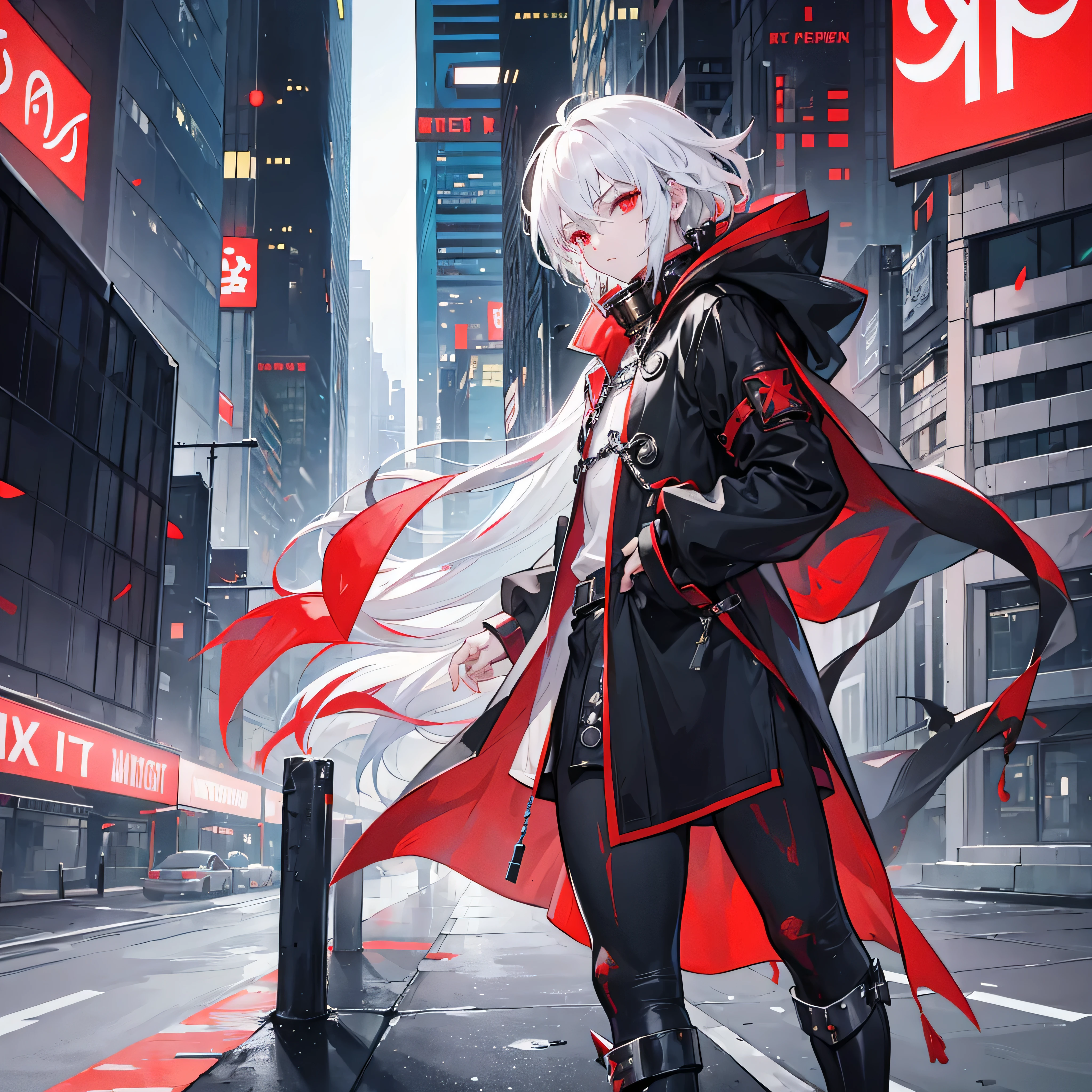 um menino com cabelos brancos e olhos vermelhos. wearing a knee-length cape and shin-high boots and he wears a spiked collar and a ring in the middle. Cidade futurista e cyberpunk