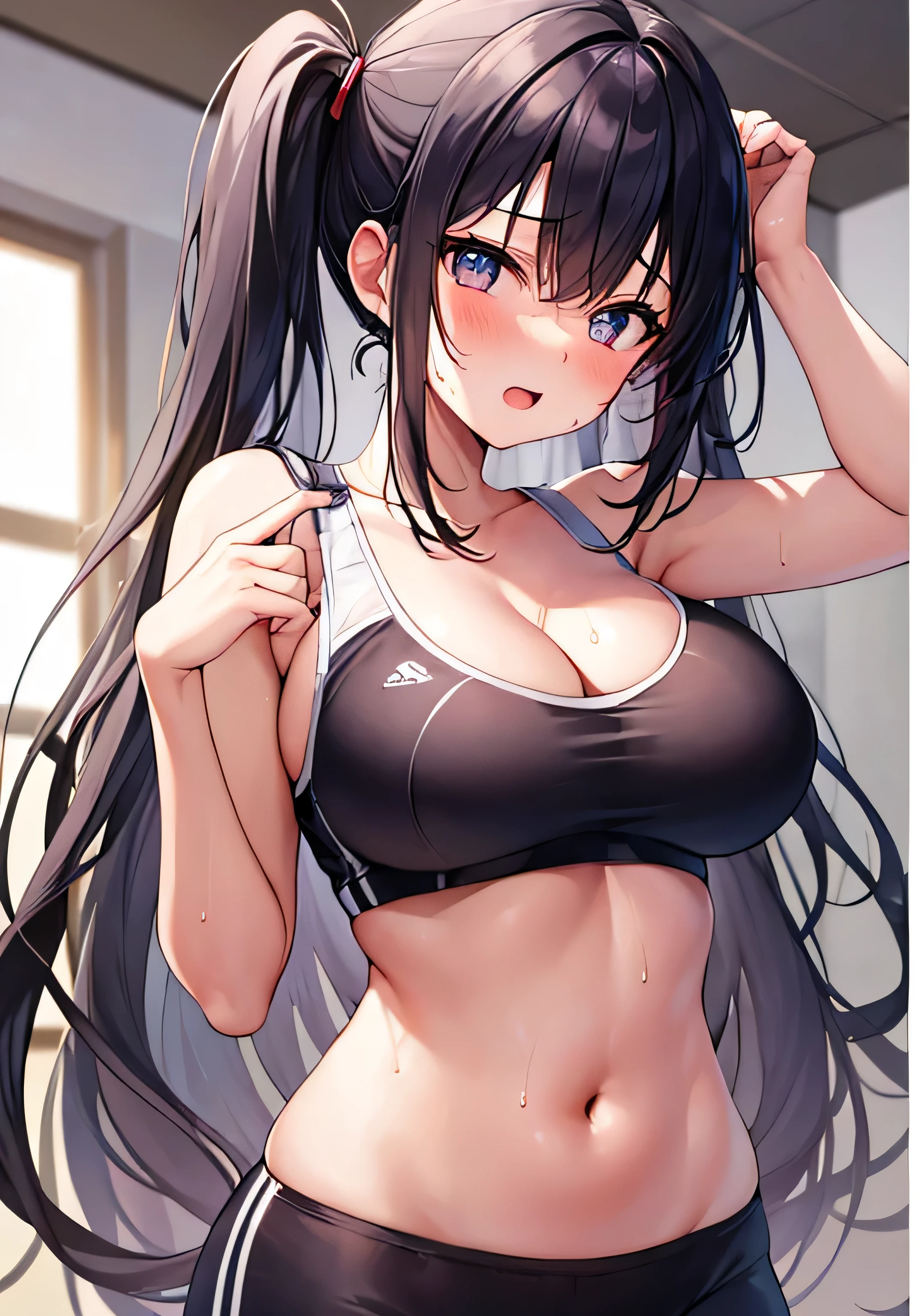 masterpiece、best image quality、ultra high resolution、age girl with big breasts、twin tail hairstyle、black hair、sweating、red face、shyly、mock、Open your mouth just a little、Teengirl&#39;s white sports bra showing cleavage、teenage s navy sports briefs、shapely sweaty legs、Indoor gymnasium