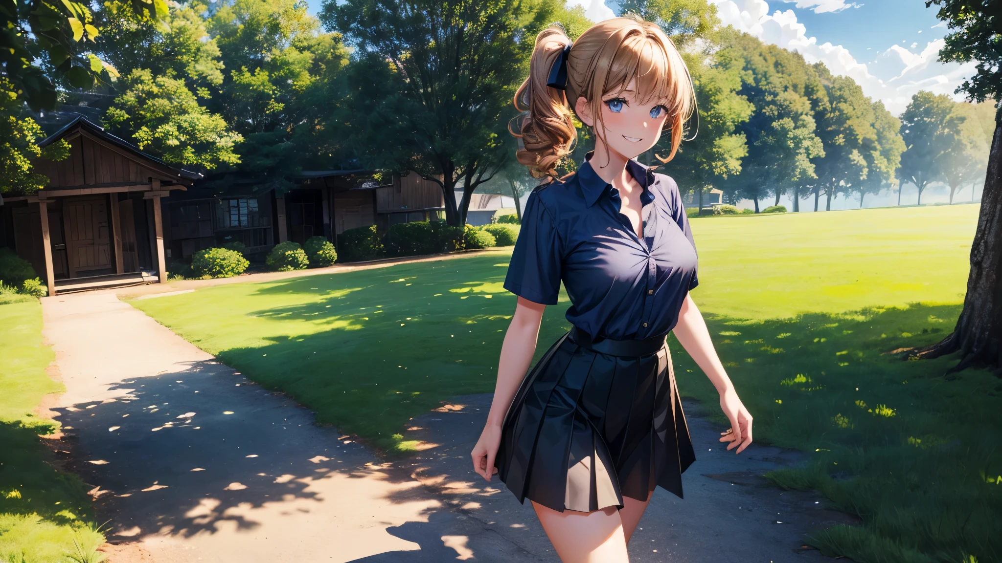 1girl, solo, full body, summer, village, trees, sun, clouds, chestnut hair, curly hair, side ponytail, large breasts, button down, dark blue eyes, ((dark blue shirt)), ((unbuttoned shirt)), ((short sleeved shirt)), black skirt, brown shoes, grin, looking at the viewer, standing, hair ribbon, golden necklate