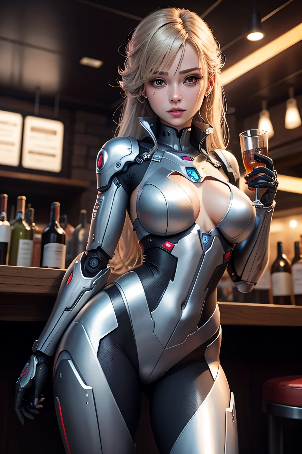 A female robot happily drinking alcohol at a bar. Holding a glass in one hand Machine body Machine body, Hmm, retina, masterpiece, Accurate, anatomically correct, rough skin, Super detailed, advanced details, high quality, Awards, 最high quality, High resolution
