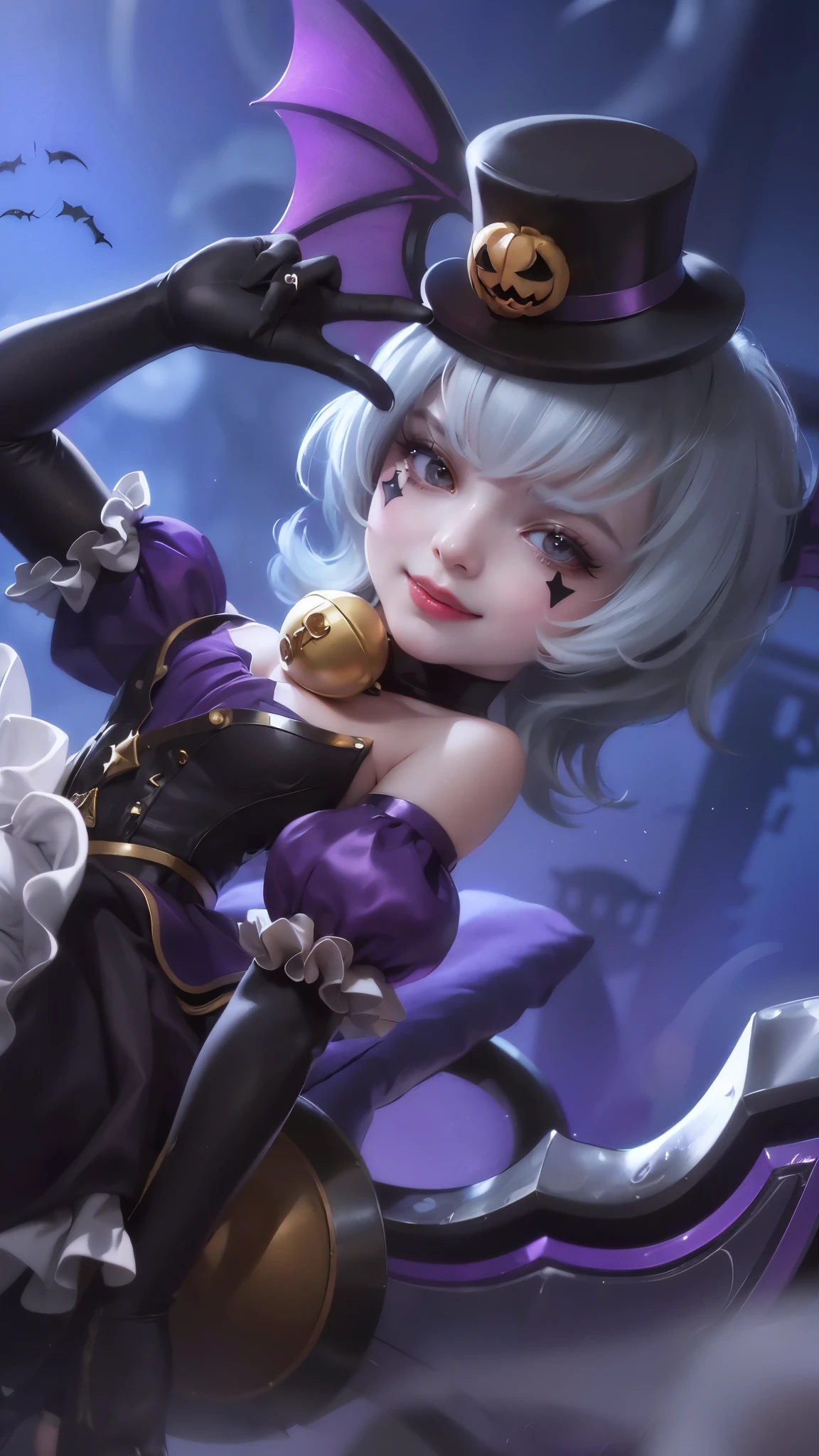 (8k, RAW photo, photorealistic:1.25) ,( lipgloss, eyelashes, gloss-face, glossy skin, best quality, ultra highres, depth of field, chromatic aberration, caustics, Broad lighting, natural shading, looking at viewer with a serene and goddess-like happiness, a girl, Japanese girl, white hair, short hair, bangs between eyes, Big eyes, O_<, wink, love tattoo, V pose, smiling, sleeveless, long gloves, purple outfit, black corset-like top, bell choker, Halloween magician hat, bat-wings, Sitting on a very huge Shuriken Fidget Spinner. Skirts.