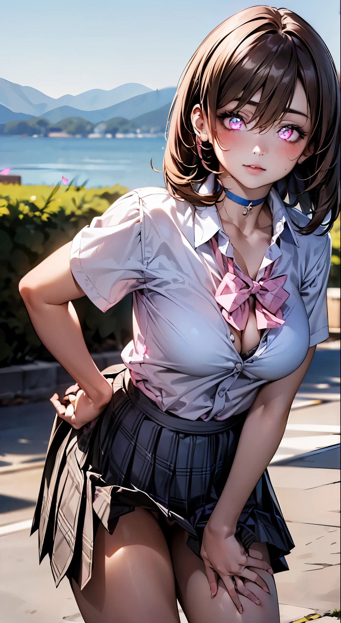 (masterpiece:1.2, highest quality), (realistic, photorealistic:1.4), beautiful illustrations, 
looking at the viewer, whole body, Front view:0.6, 
1 girl, Japanese, high School girl, ((bob hair:1.7, brown hair:1.3)), blown hair, bangs, hair between eyes, medium breasts:1.8, 
beautiful hair, beautiful and detailed eyes, beautiful clavicle, beautiful breasts, beautiful thighs, beautiful feet, beautiful fingers, 
(beautiful scenery), , School,
((collared short sleeve shirt, white shirt, , Grey plaid pleated skirt, blue plaid bow tie, choker)), 
(Are standing, grab the hem of the skirt, put your hand on your chest, hand between legs, leaning forward), 
blush, (Eyes glowing pink:1.6)