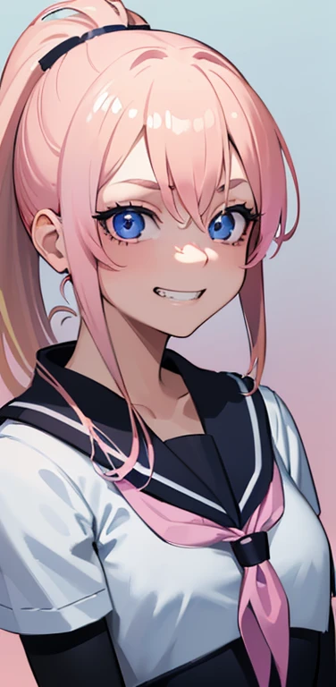 (8K、highest quality、masterpiece:1.2)、Super detailed、super resolution、Realistic、1girl、(pink  blonde hair)、ponytail,blue eyes、(face focus:1.3,upper body:1.5),(gradient eyes:1.5),(sailor uniform:1.3)、(evil grin:1.3),cute face,small ,school girl,
