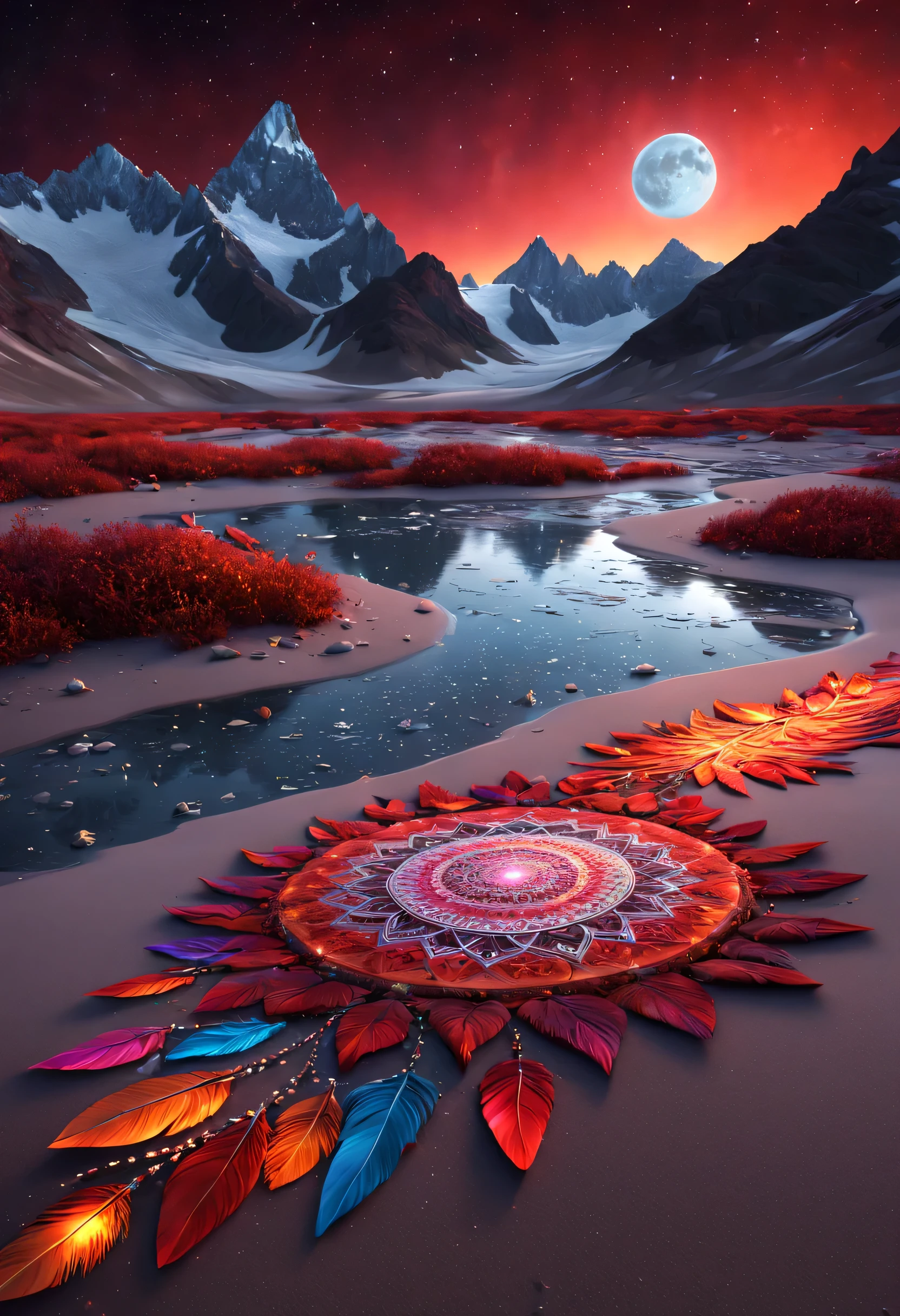 This is a surreal and beautiful CG rendering. night, The fiery red sky is covered by the sandy glacier river, fluorescent crystal mandala, light path, feather, moon, Star, Art, high resolution, starry sky, many colorful small mandala, Milky Way, mandala, tundra, and point light, fantasy, high detail, beauty, 8k, light and shadow, Intricate details and ultrawide, panoramic camera, 16k. HD. Volumetric light