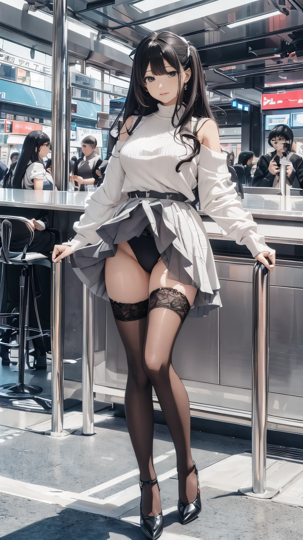 ((masterpiece, high quality, best quality, 8k, wallpaper, fine lineart, highly detailed, absurdres)), 1girl, korean popstar, thighhighs, miniskirt, high heels, mesh top, long black hair, pretty hands, cameltoe, curly hair,