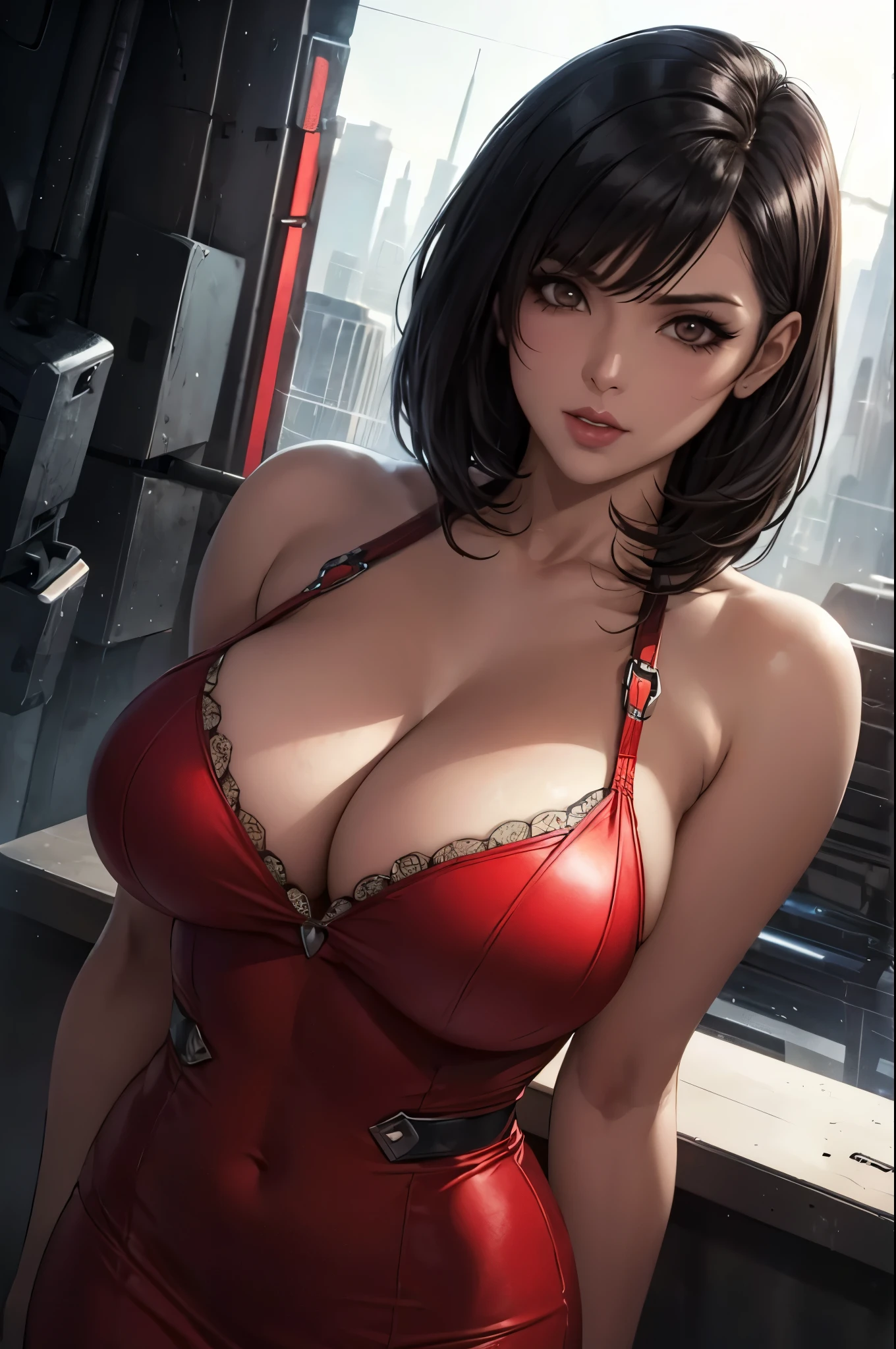 super fine illustration, ultra high resolution, masterpiece, highest quality, perfect shiny shinny skin, perfect lighting, detailed lighting, dramatic shadow, ray tracing, 1 beautiful milf, looking at the viewer, big breasts, exposed cleavage, beautiful detailed brown eyes, sharp face, clear eyes, red lips, long bangs, short cut black hair, ((cyberpunk dark city)), Upper body, Red long China dress, military harness, Aida Wong - Resident Evil Series,