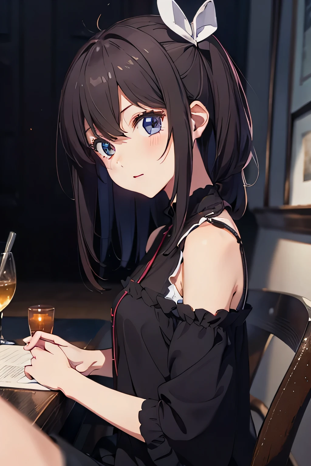 Beautiful girl, rosto angelical, face detailed ( extremely sad expression), (melancholic), holding a glass of wine, sitting at the counter of a wine cellar, blue eye, dark hair, work of art, ((ultra detaild)), ((4K)), depressed, tears in the eyes, having a drink