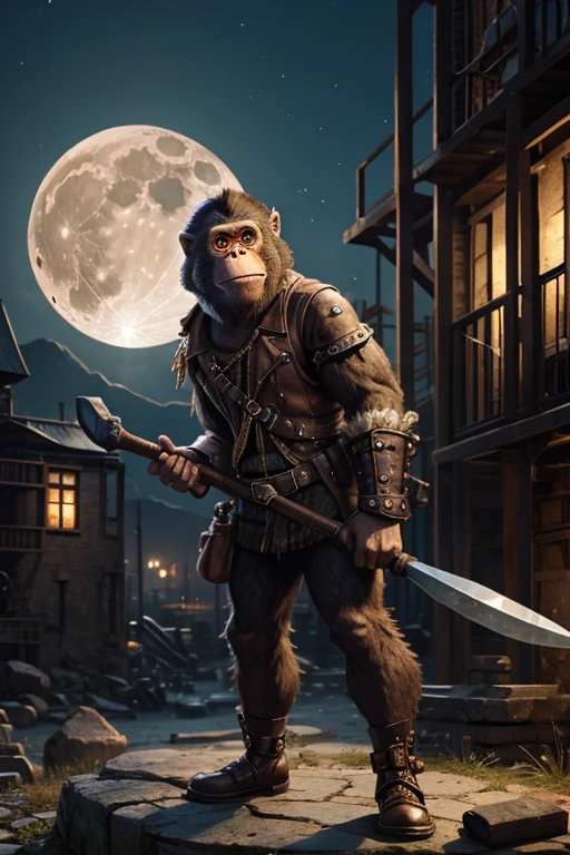 monky with stone axe, Steampunk factory in the background, Full Moon Night