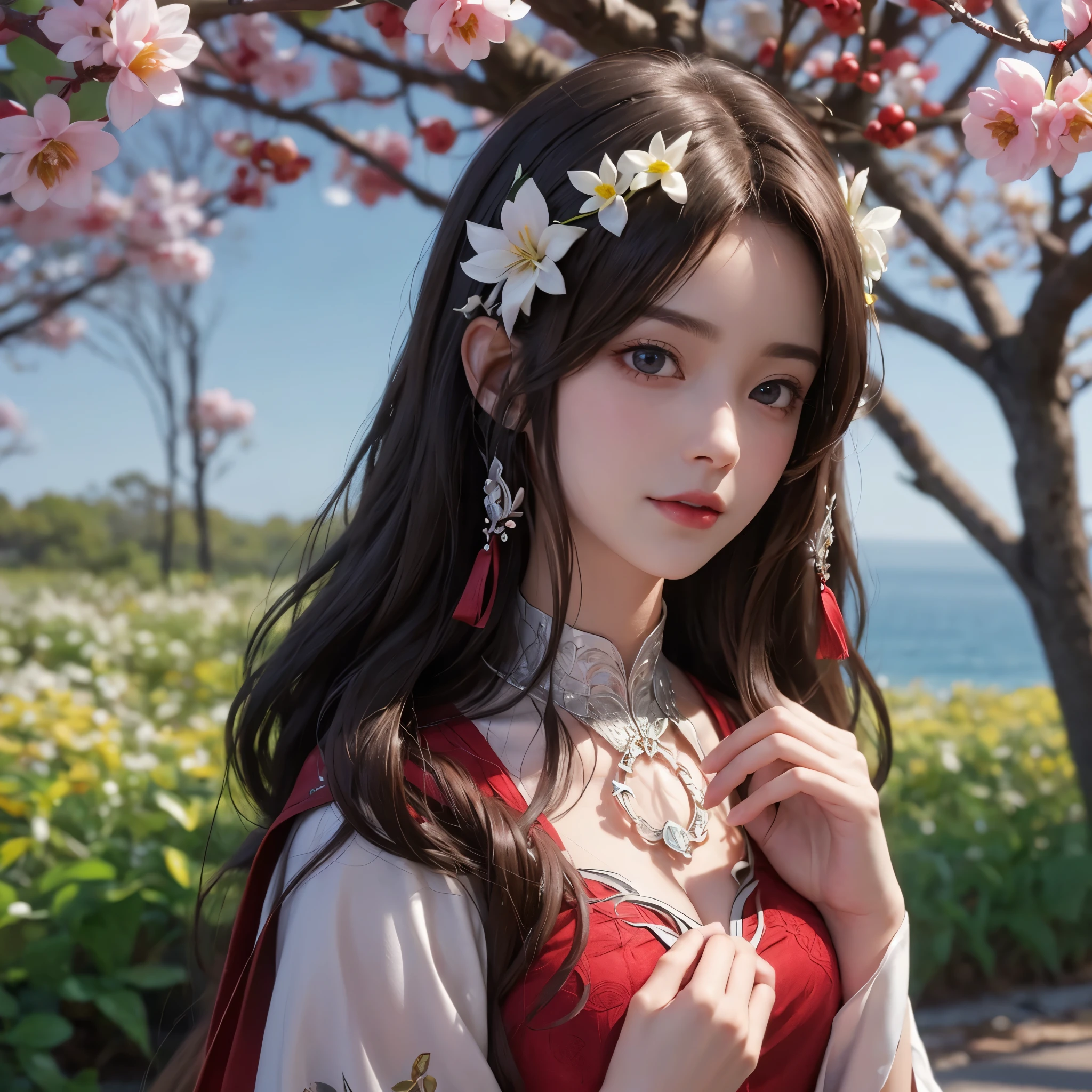 Beautiful girl with long brown hair, bright brown eyes, sweet smile, snow white skin,Her long hair is decorated with red mulberry flowers 🏵️,The girl wore a simple traditional white hanfu with a red cloth tied around her waist, Forest setting filled with mulberry tree ,sakura blossoms, beautiful oriental look in simple traditional hanfu ,