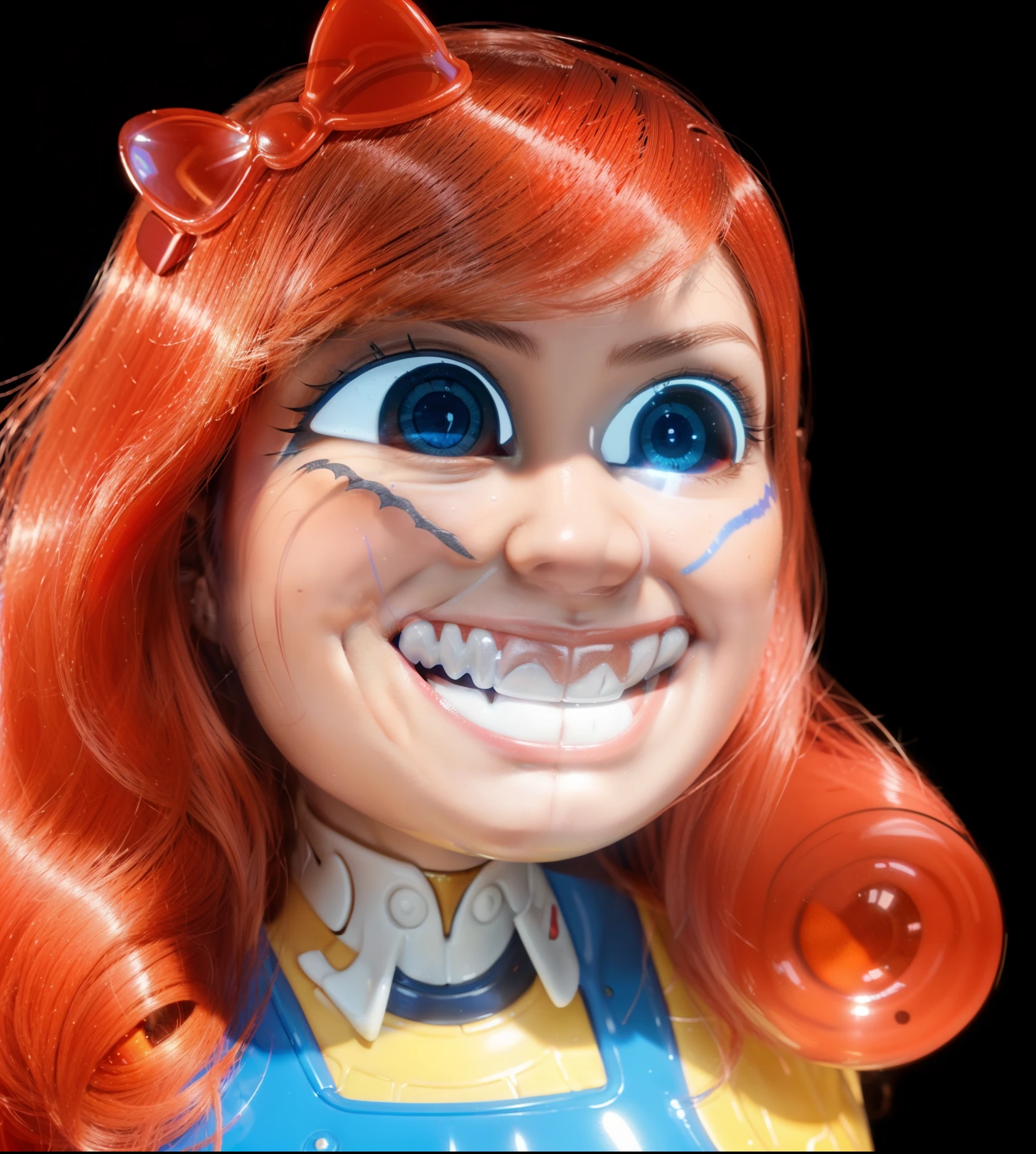 cartoon doll girl , doll, game character, videogame character, creepy doll, large creepy smile, doll with creepy smile and red eyes, insane, doll toy, glossy texture, smooth 3d model, multiple light sources, rim light, sharp post effects render, (glossy plastic texture with multiple big light probe refractions), perfect cgi, smooth silhouette, high intensity refraction, (super glossy material), most beautiful vfx, blue background, plastic refractions, realistic, 4k, high resolution, rim light