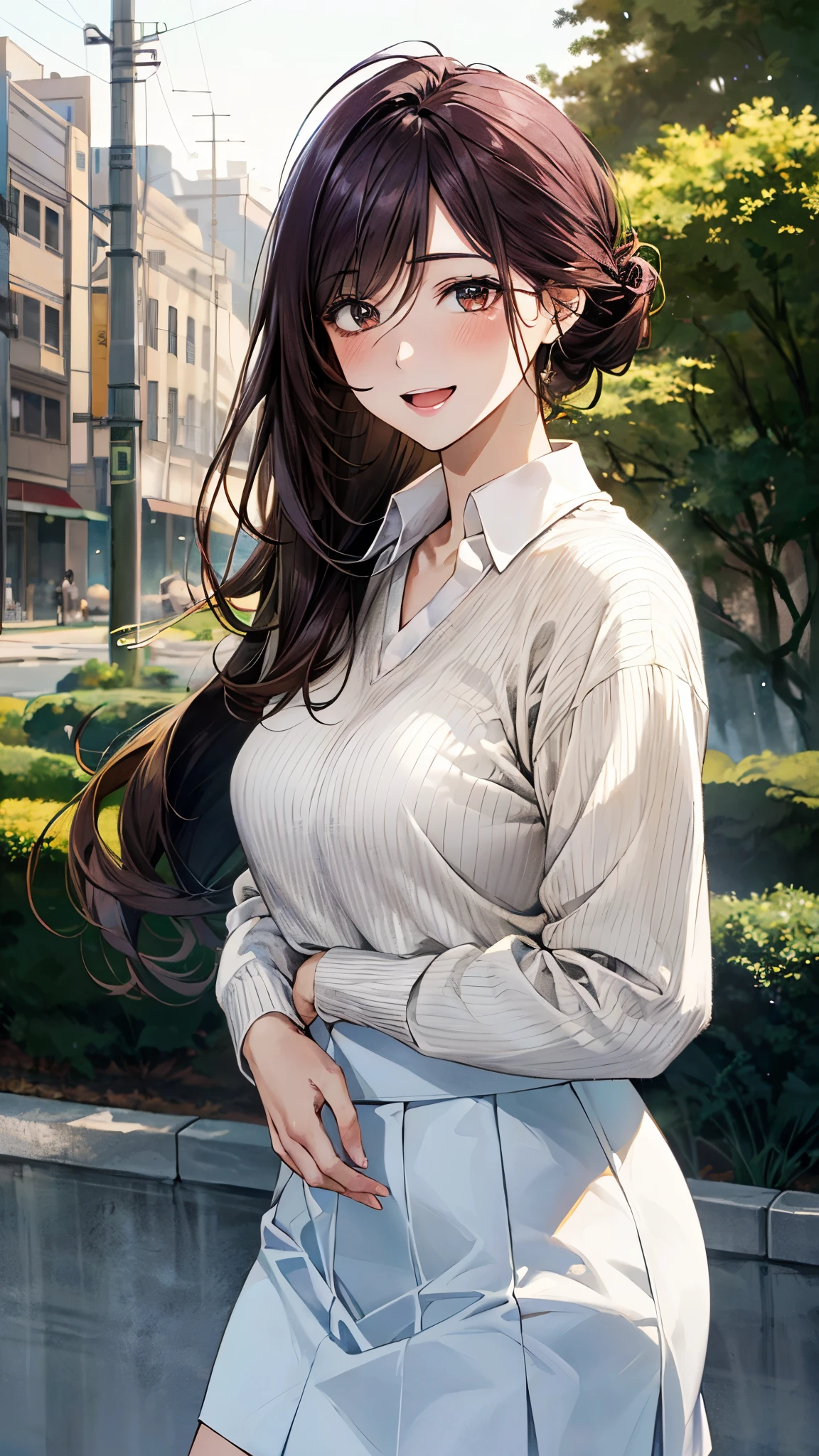 (masterpiece:1.2, top-quality, ultra high res, ultra detailed), (realistic, photorealistic:1.4), beautiful illustration, (natural side lighting, movie lighting), 
looking at viewer, 1 girl, japanese, high school girl, perfect face, (perfect anatomy), cute and symmetrical face, shiny skin, slender, 
(long hair, updo hairstyle, purple hair), hair between eyes, swept bangs, brown eyes, drooping eyes, big eyes, long eye lasher, (medium breasts), 
beautiful hair, beautiful face, beautiful detailed eyes, beautiful clavicle, beautiful body, beautiful chest, beautiful thigh, beautiful legs, 
((white collared shirt, white skirt, light brown v-neck sweater)), 
(beautiful scenery), depth of field, morning, (park, cityscape in the distance), standimg, (lovely smile, upper eyes, open mouth),