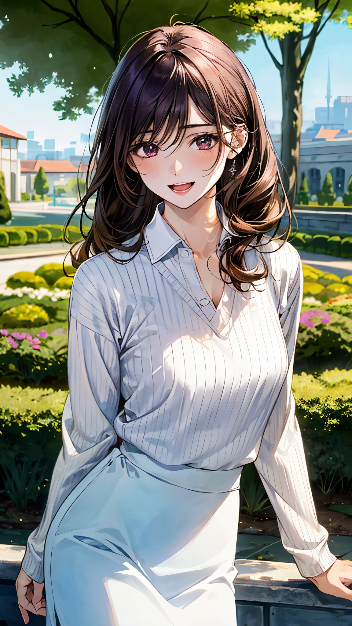 (masterpiece:1.2, top-quality, ultra high res, ultra detailed), (realistic, photorealistic:1.4), beautiful illustration, (natural side lighting, movie lighting),
looking at viewer, 1 girl, japanese, high school girl, perfect face, (perfect anatomy), cute and symmetrical face, shiny skin, slender,
(long hair, updo hairstyle, purple hair), hair between eyes, swept bangs, brown eyes, drooping eyes, big eyes, long eye lasher, (medium breasts),
beautiful hair, beautiful face, beautiful detailed eyes, beautiful clavicle, beautiful body, beautiful chest, beautiful thigh, beautiful legs,
((white collared shirt, white skirt, light brown v-neck sweater)),
(beautiful scenery), depth of field, morning, (park, cityscape in the distance), standimg, (lovely smile, upper eyes, open mouth),