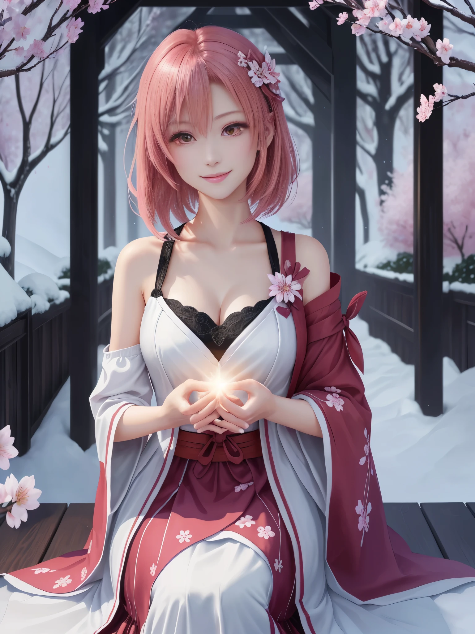 masterpiece , best quality,smile,smile,small face,shoulder exposure,some cleavage exposure,bright pink hair,slender body shape,brown eyes,sharp contrast,short hair,Beautiful short hair,short cut hair,just one person,precision quality,Faithfully reproduced eyes, 一面に咲くcherry blossom background,snow scene,masterpiece, 幻想的なcherry blossom background,night,nightの背景,cherry blossom background,beautiful details, colorful, delicate details, delicate lips, intricate details, genuine, ultrargenuineista, 枝に座っている色とりどりの髪のFoxを持つ女の子:Mature, bright eyes, ,色とりどりのFox, raposa de nine tails, 三尾Fox, 三尾Fox, onmyoji detail art, beautiful fine art illustration, mythical creatures, Fox, beautiful digital art,shrine maiden,hold hands,exquisite digital illustration, mizutsune, Inspired by mythical wild web creatures, pixiv in digital art, shining light, high contrast, Mysterious,