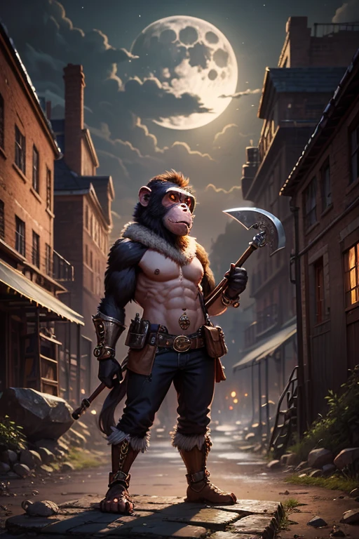 monky with stone axe, Steampunk factory in the background, Full Moon Night