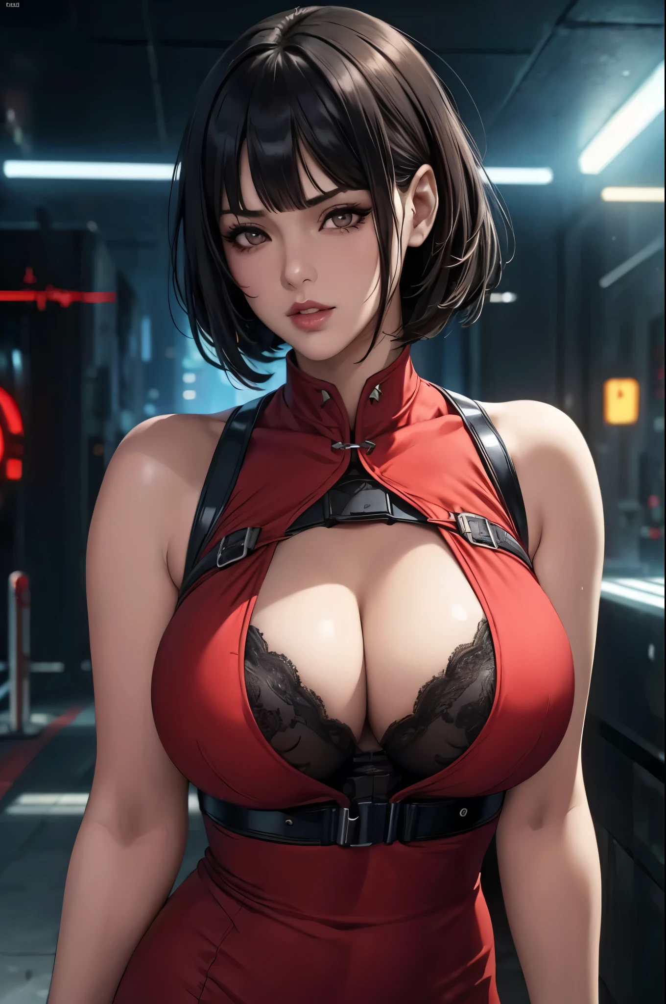 super fine illustration, ultra high resolution, masterpiece, highest quality, perfect shiny shinny skin, perfect lighting, detailed lighting, dramatic shadow, ray tracing, 1 beautiful milf, looking at the viewer, big breasts, exposed cleavage, beautiful detailed brown eyes, sharp face, clear eyes, red lips, long bangs, short cut black hair, ((cyberpunk dark city)), Upper body, Red long China dress, military harness, Aida Wong - Resident Evil Series,