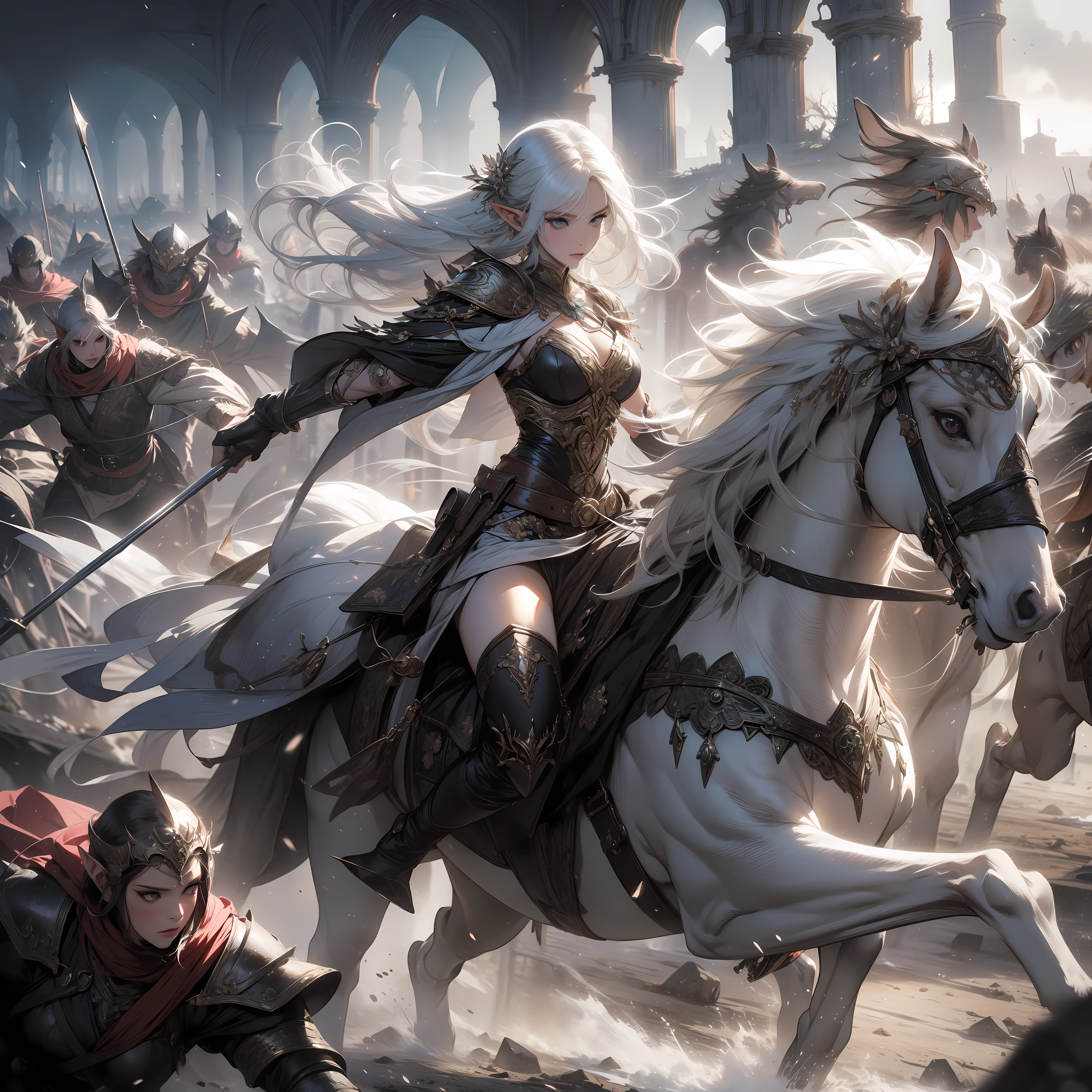 an medium white hair elf woman Hunter riding a horse, in the ruined kingdom, fight against demon Lord, dynamic ground pov, Viewed from a distance, detailed face,  by Artgem, Dynamic shot, Dynamic pose, Hayao Miyazaki, Mikimoto Haruhiko, frank frazetta, Cinematic Dramatic atmosphere, fantasy, 8k, watercolor painting