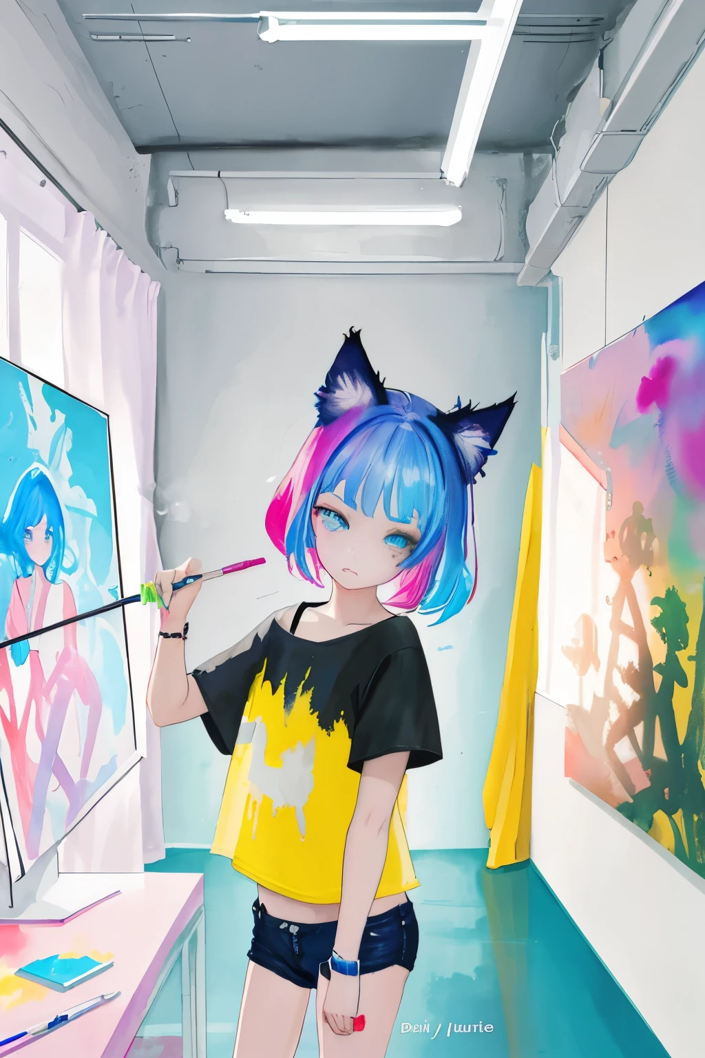 there is a painting，The painting is of a girl with cat ears, color drawing, rough art style, color drawing, Cartoon rendering style, watercolor art style, color screen tint, Drawing in animation artist studio, Quick paint, Bright colors.Digital 2D, Tool competition, , Smoky cyberpunk room
