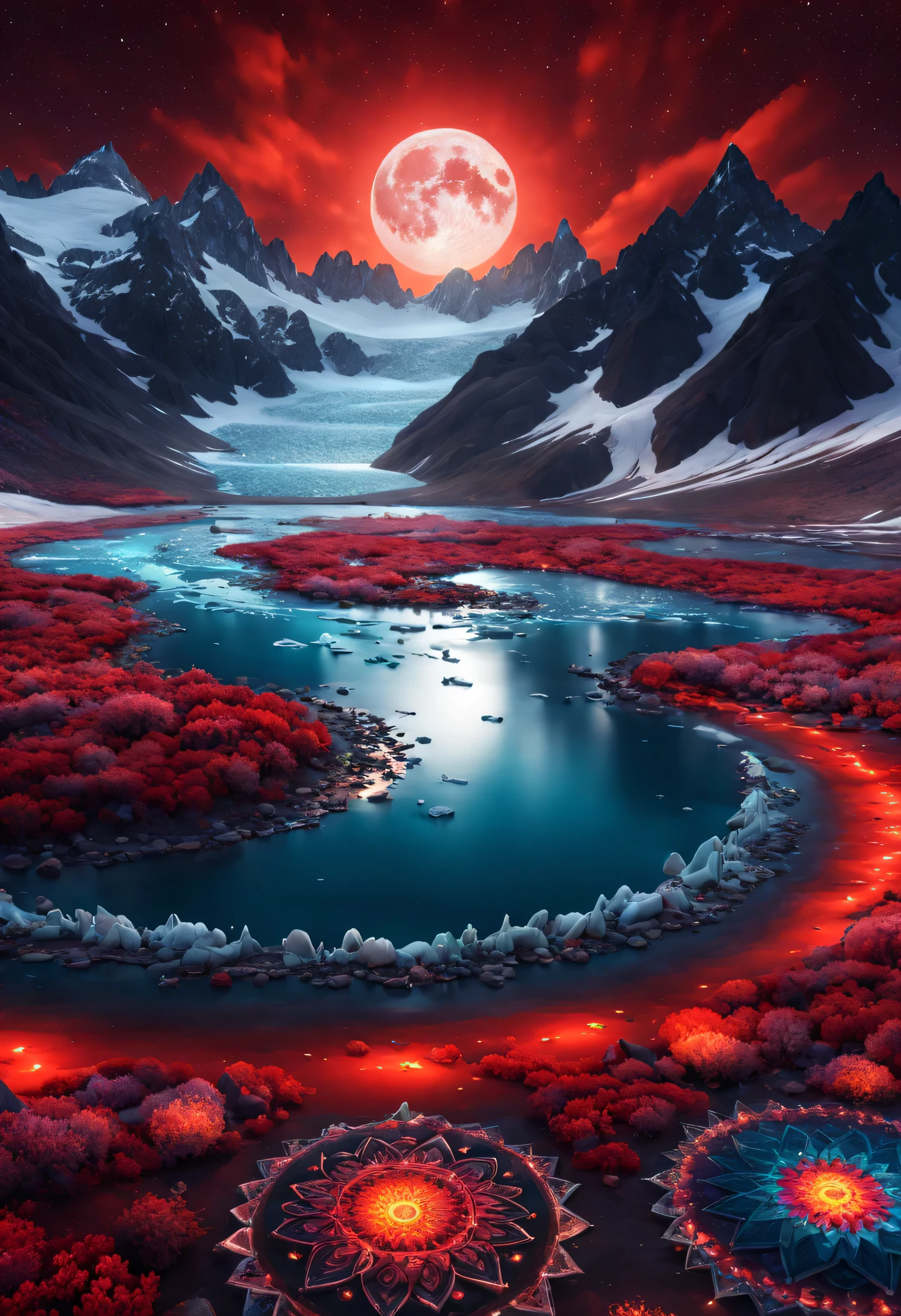 This is a surreal and beautiful CG rendering. night, In the fiery red sky, mandala cover glacier rivers, fluorescent crystal mandala, light path, moon, Star, Art, high resolution, starry sky, many colorful little mandala, Milky Way, mandala, Tundra and point lights, fantasy, high detail, beauty, 8k, light and shadow, Intricate details extra wide, panoramic camera, 16k. HD. Volumetric light