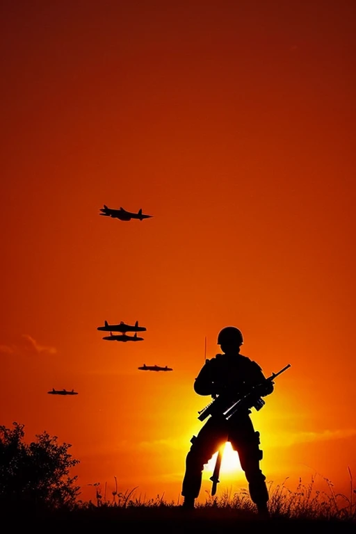 Soldier with gun, many fighter jets flying in background, red sky
