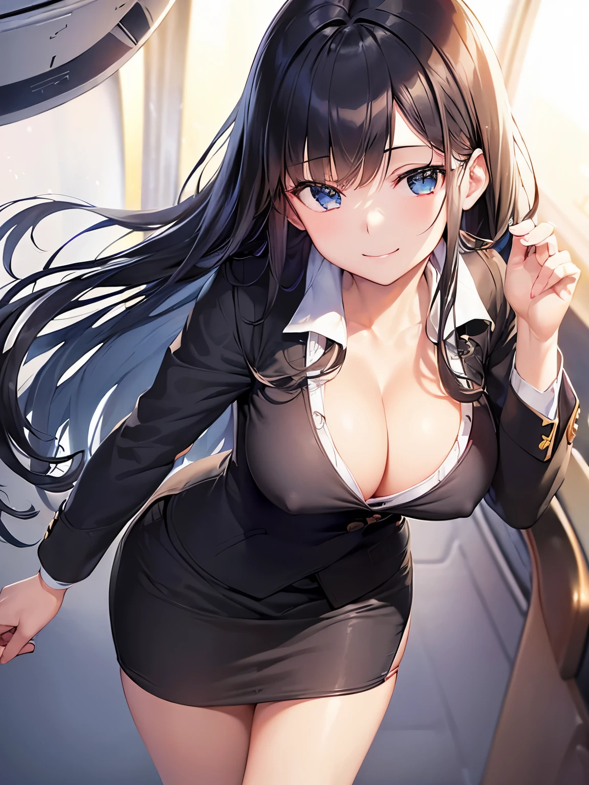 ((masutepiece, Best Quality)), ((hight resolution)), (photos realistic), Best Shadow, high detailing, Very detailed, (nice hand, Perfect hands), (Face Focus:1.2), ((1girl)), Beautiful Girl, 25 years old, blue eyes, (black long Hair:1.5), (normal breasts:1.3), (Smile:1.3), Glossy white skin, (view from front), (Very slender:1.3), (Cute face:1.3), (look at viewer:1.4), detailed facial features,droopy eyes, Crisp focus, perfect beautiful body and face, Perfectly focused, (standing:1.4), Long bangs, (in the airplane:1.4), (flight attendant:1.4), (enchanting smile:1.5), nsfw, cleavage