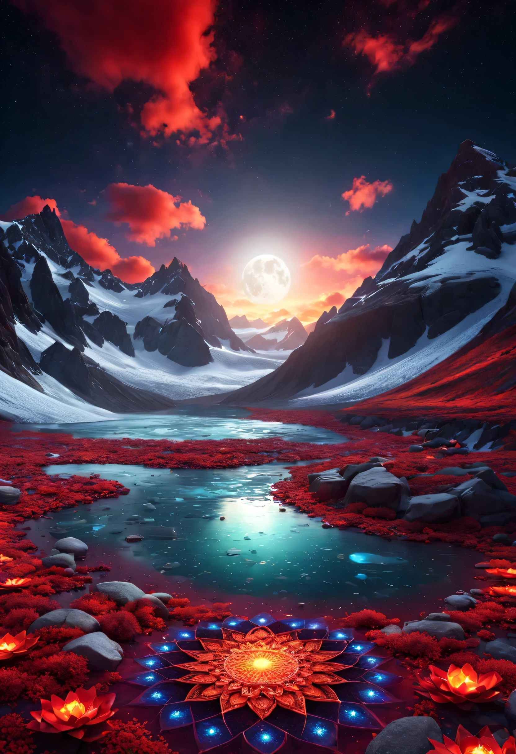 This is a surreal and beautiful CG rendering. night, In the fiery red sky, mandala cover glacier rivers, fluorescent crystal mandala, light path, moon, Star, Art, high resolution, starry sky, many colorful little mandala, Milky Way, mandala, Tundra and point lights, fantasy, high detail, beauty, 8k, light and shadow, Intricate details extra wide, panoramic camera, 16k. HD. Volumetric light