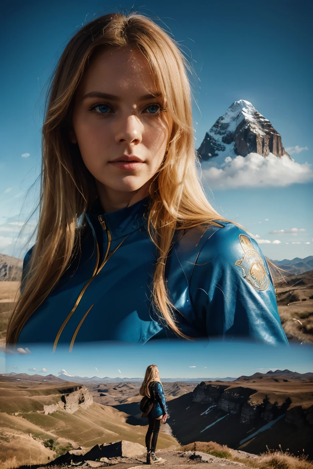 taking a selfie, full body, 25 years old woman, long blond straight air, blue eyes, slim, silhouette in an art print with montain shape, in the style of epic portraiture, double exposure, isolated sky landscape, red and gold, dynamic and action-packed, vector, strong use of negative space