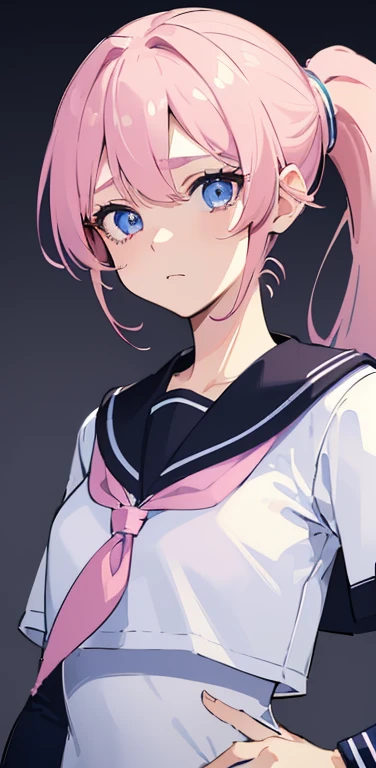 (8K、highest quality、masterpiece:1.2)、Super detailed、super resolution、Realistic、1girl、(pink  blonde hair)、ponytail,blue eyes、(face focus:1.3,upper body:1.5),(gradient eyes:1.5),(sailor uniform:1.3)、(evil grin:1.3),cute face,small ,school girl,
