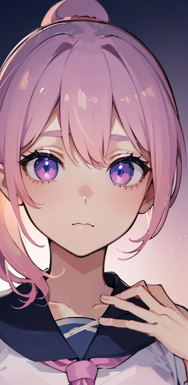 (8K、highest quality、masterpiece:1.2)、Super detailed、super resolution、Realistic、1girl、(pink  blonde hair)、ponytail,blue eyes、(face focus:1.3,upper body:1.5),(gradient eyes:1.5),(sailor uniform:1.3)、(evil grin:1.3),cute face,small ,school girl,
